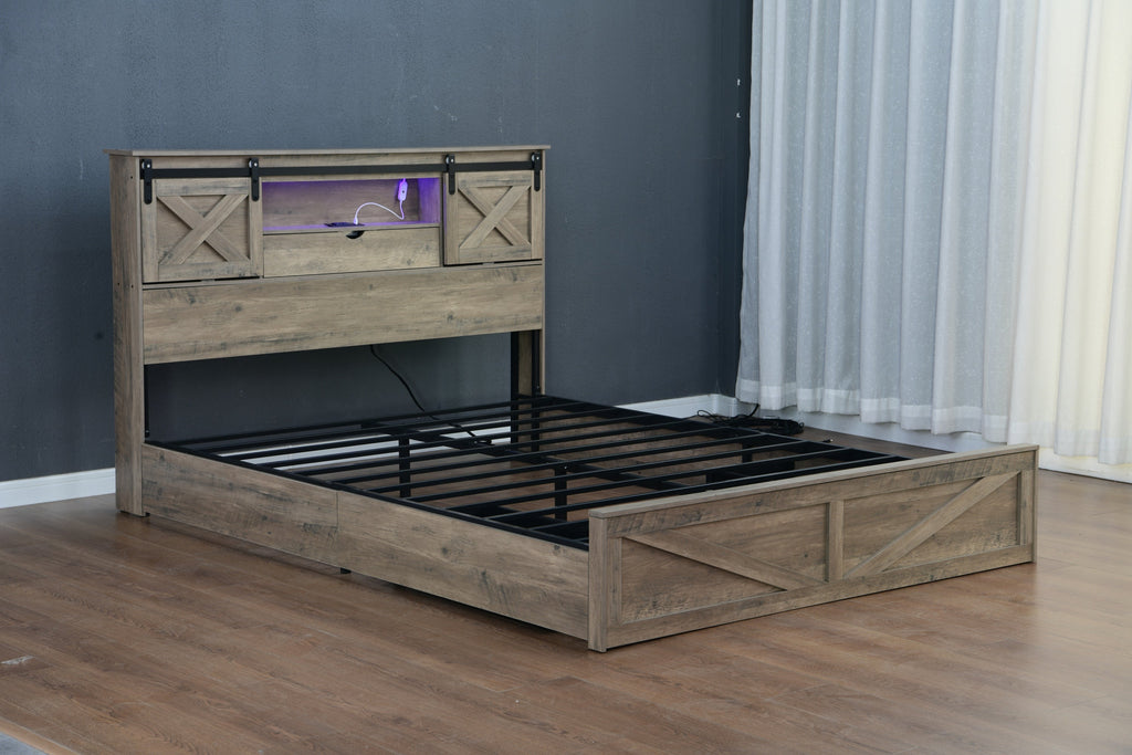 Farmhouse Bed Frame Queen Size with LED Lights and Charging Station