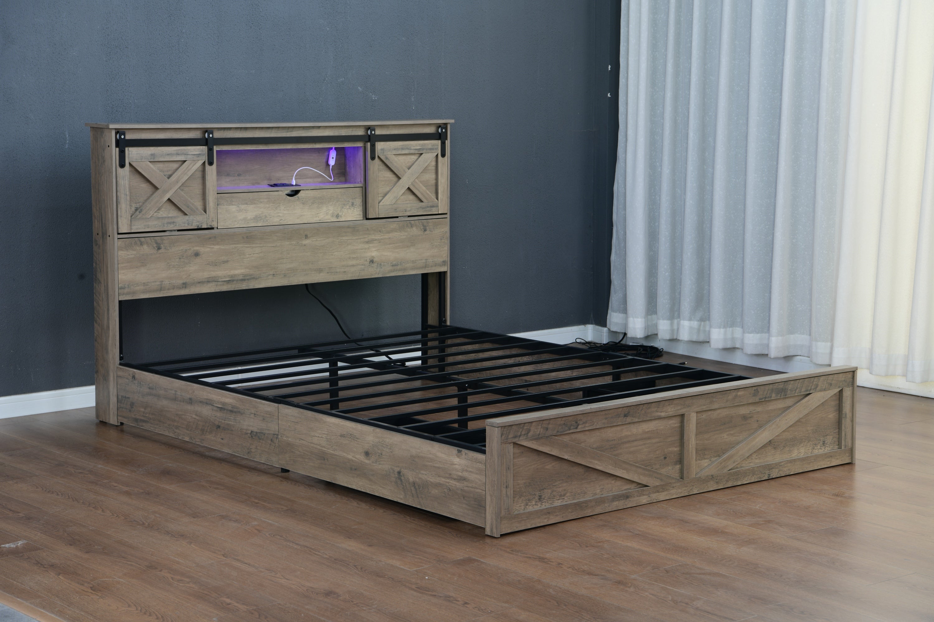 Farmhouse Bed Frame Queen Size with LED Lights and Charging Station