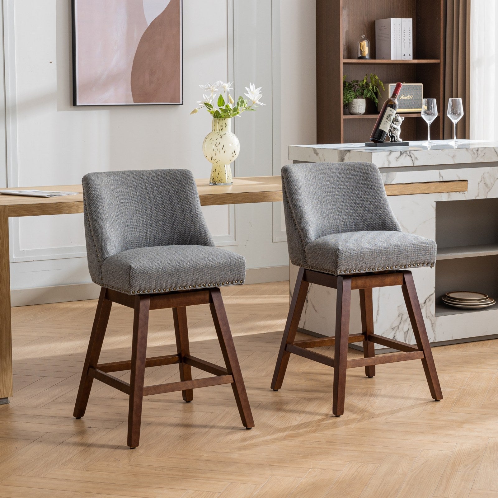 Upholstered Swivel Counter Height Bar Stools with Nailhead Trim (Set of 2)