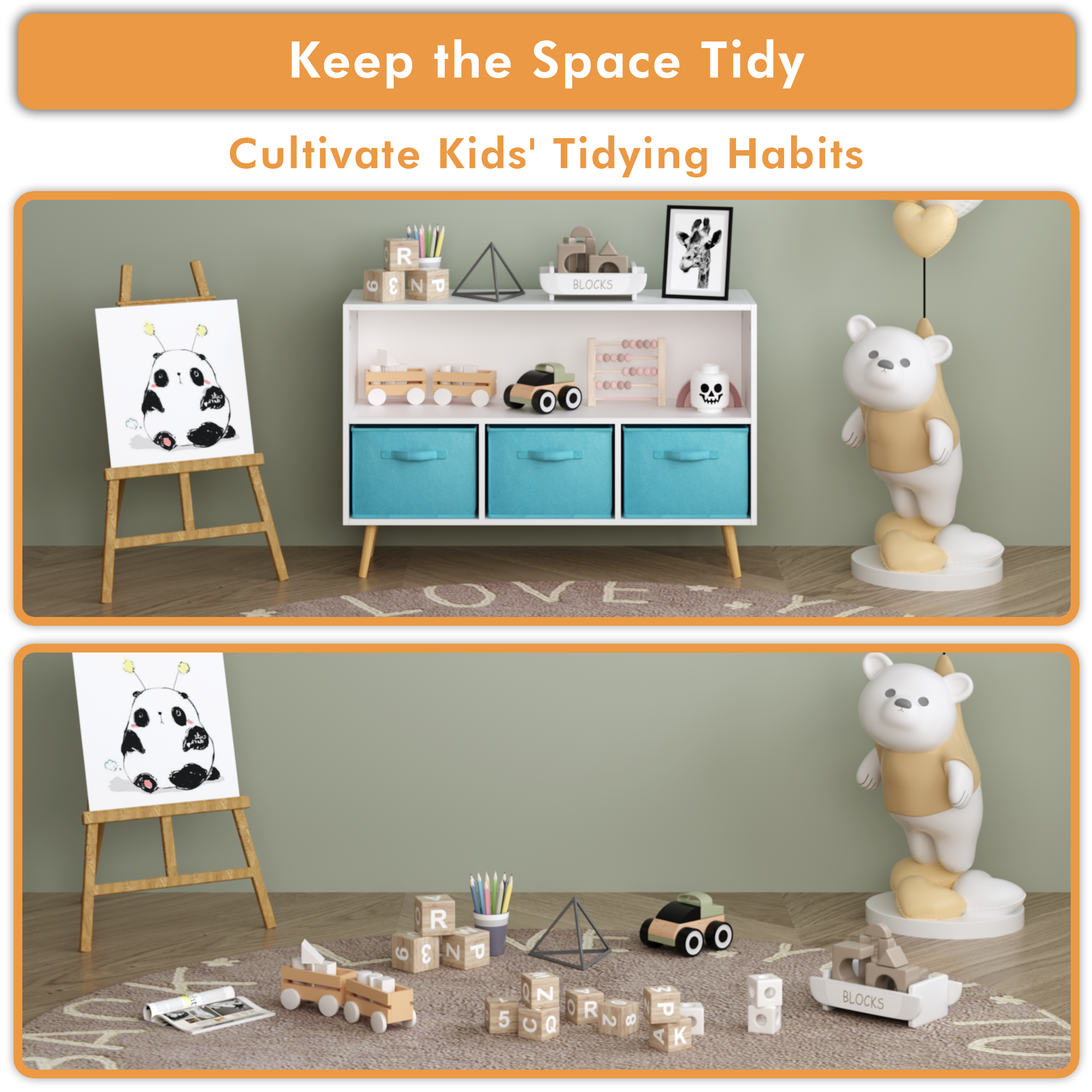 Children's Book Display Kids Bookcase with 3 Fabric Bins