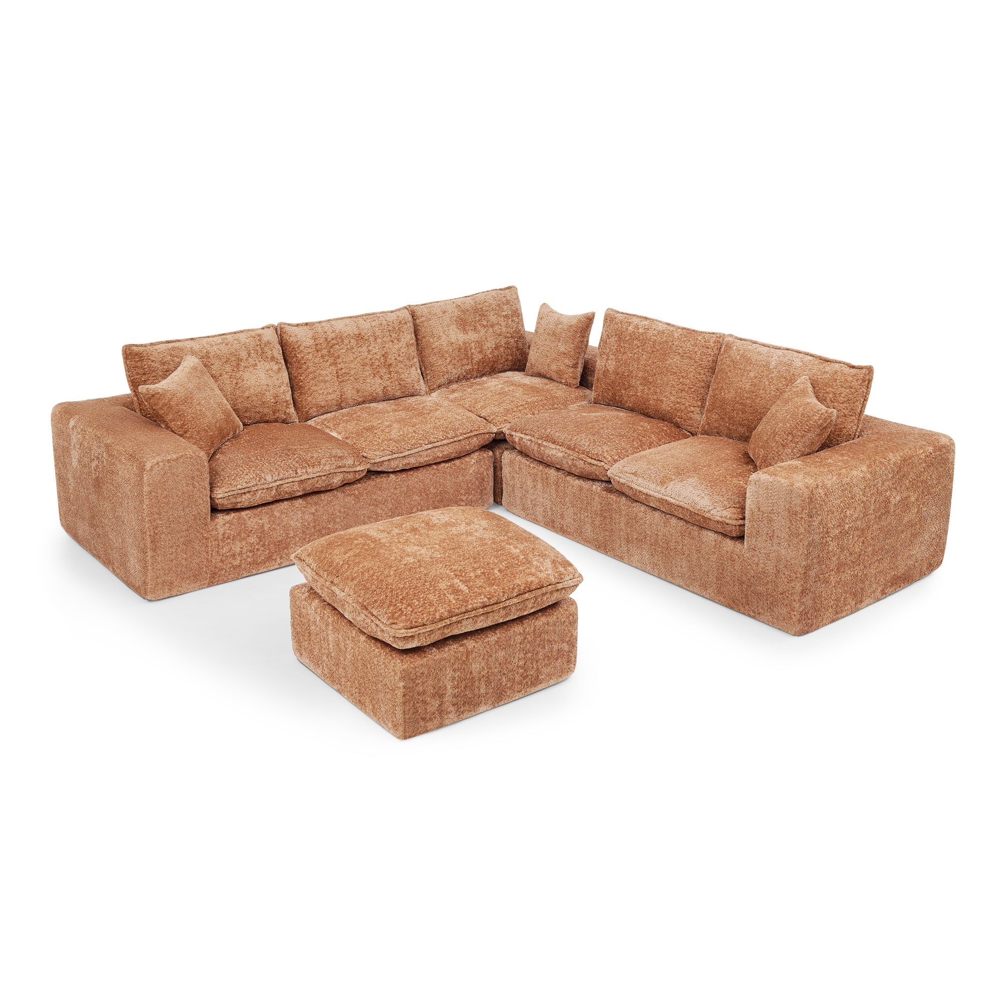 Modern Orange L-Shaped Sectional Sofa with 2 Ottomans Cloud-Like Modular Couch