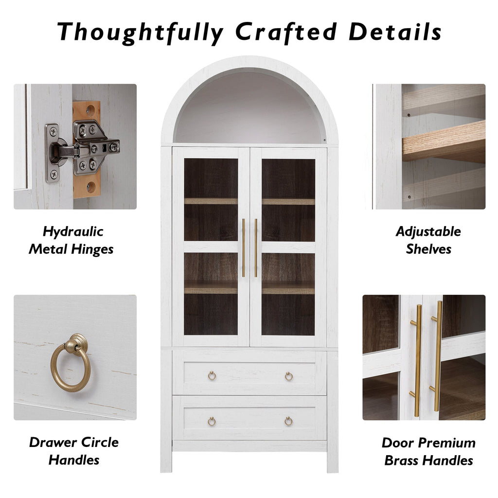 71” Tall Arched Modern Farmhouse Kitchen Pantry Cabinet with 2 Large Drawers