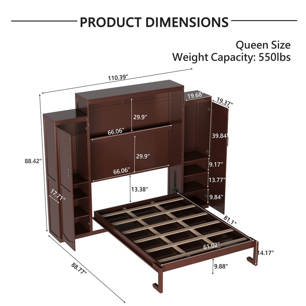Wooden Queen Wall Bed with 2 Wardrobe and Storage Shelf