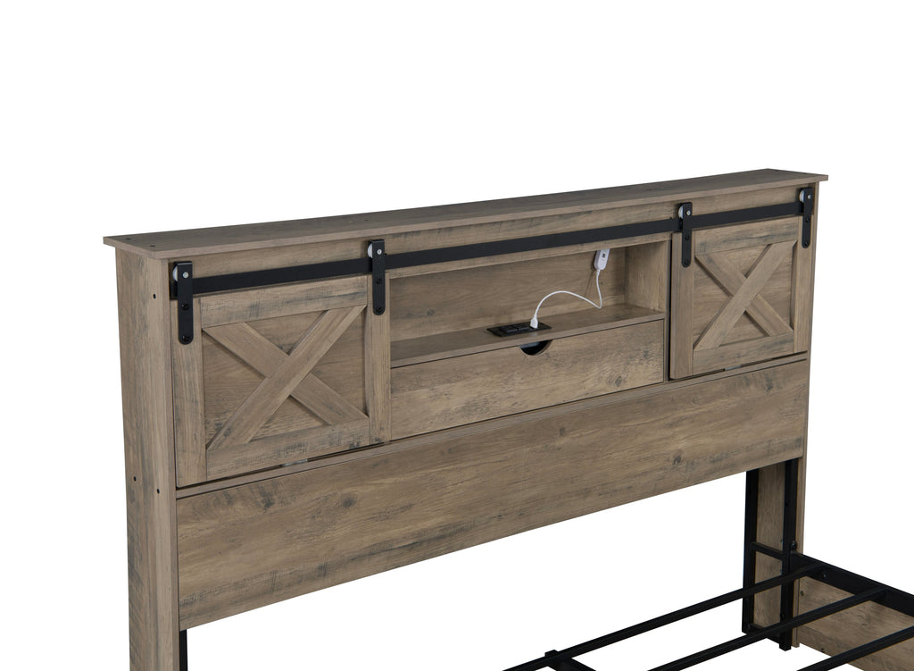 Farmhouse Bed Frame Queen Size with LED Lights and Charging Station