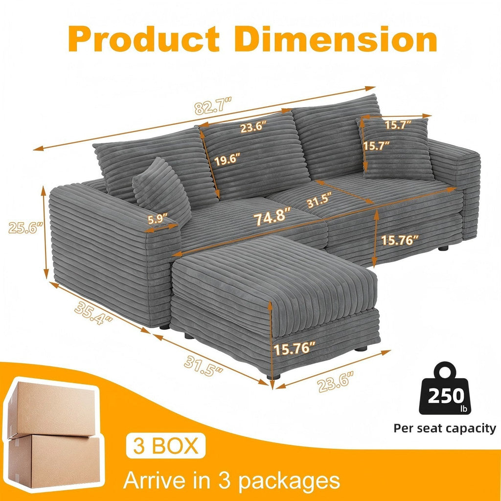 82.7' Modern Comfy Cloud Couch Sofa with Soft Pillows + Ottomans Option