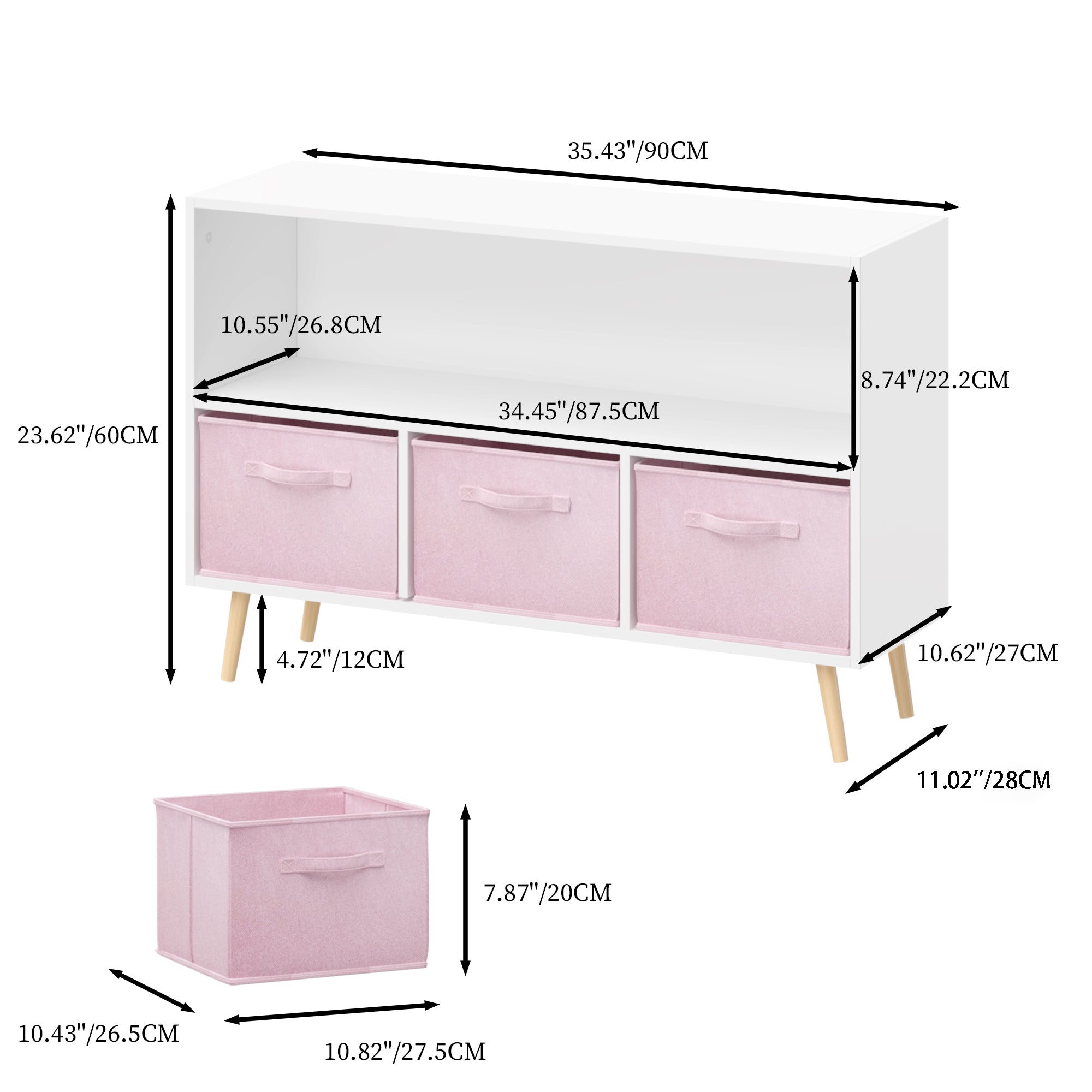 Children's Book Display Kids Bookcase with 3 Fabric Bins