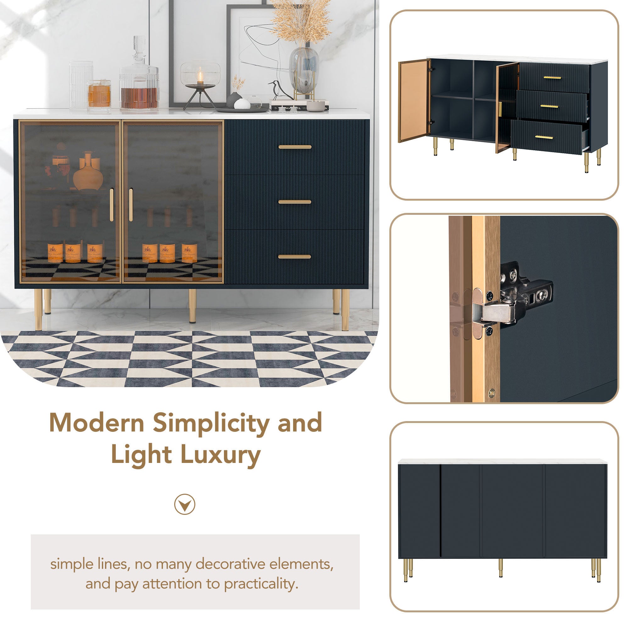 Modern Sideboard MDF Buffet Cabinet with Marble Sticker Tabletop