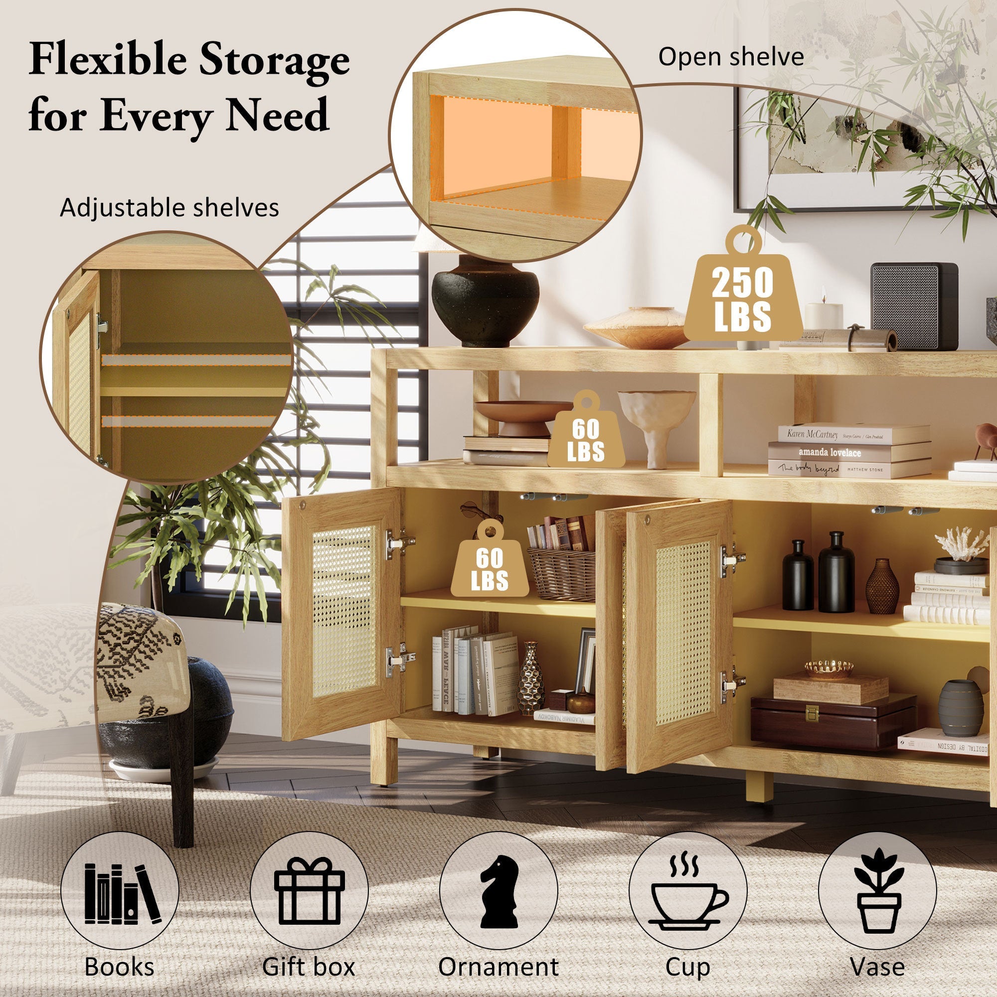 Bohemian Style Rattan Storage Cabinet with 3-position Adjustable Shelves