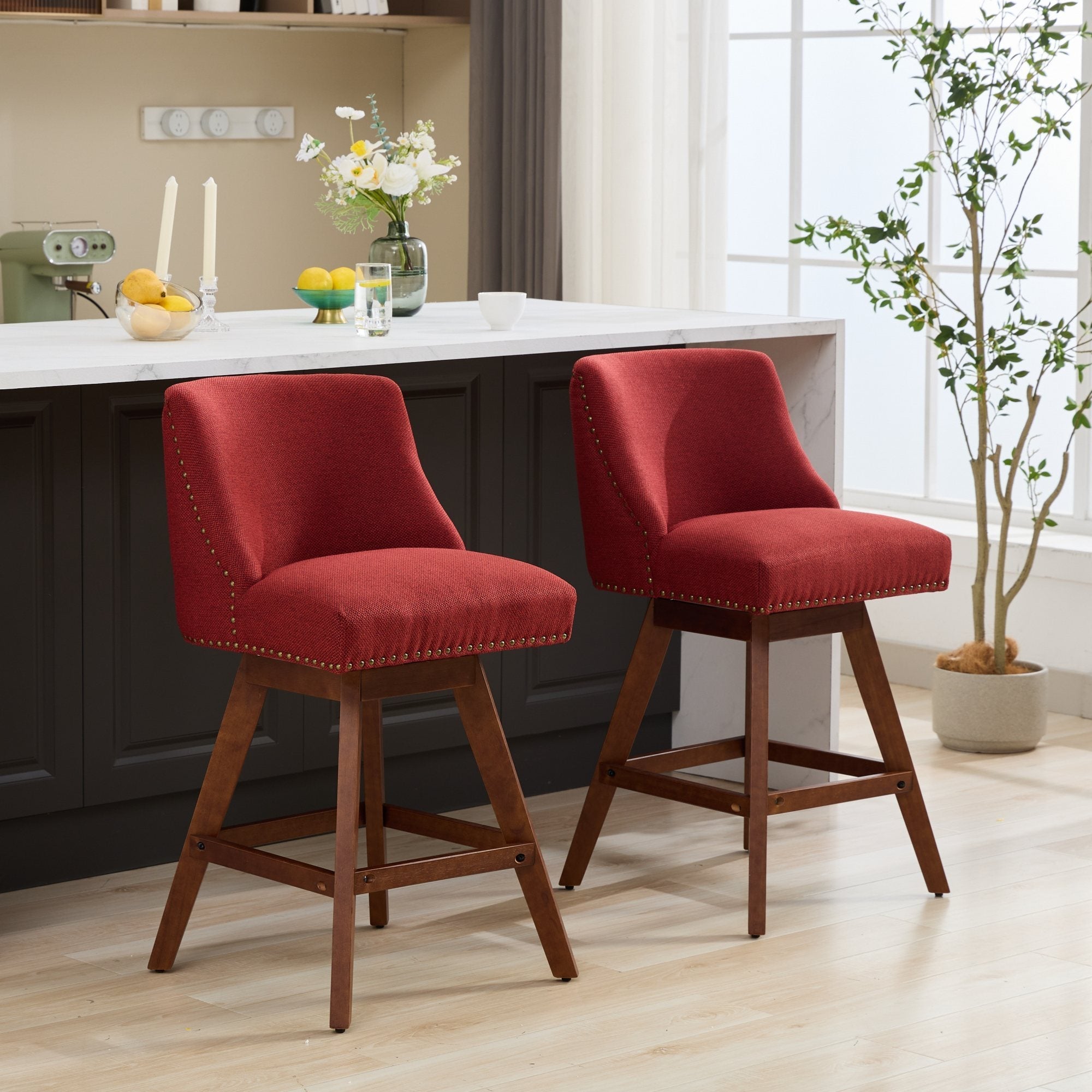 Upholstered Swivel Counter Height Bar Stools with Nailhead Trim (Set of 2)