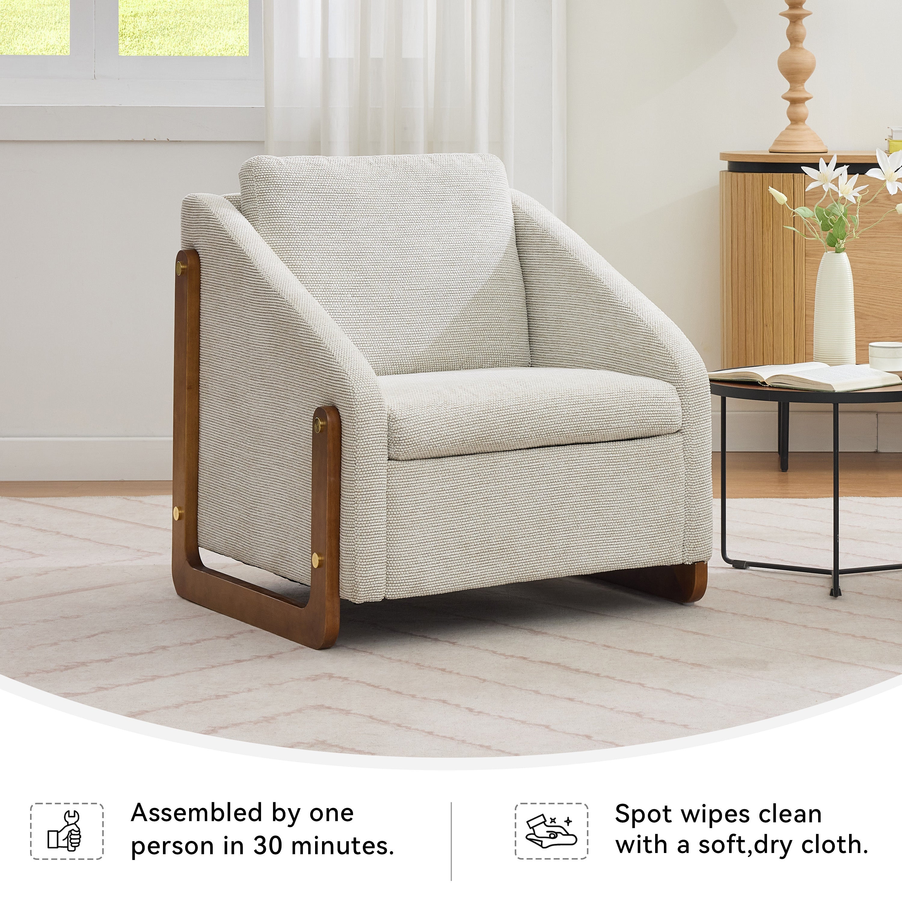 Modern Upholstered Armchair with Wooden Side Frame