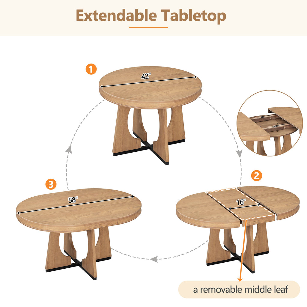 5-Piece Retro Extendable Dining Table Set with 16" Removable Leaf