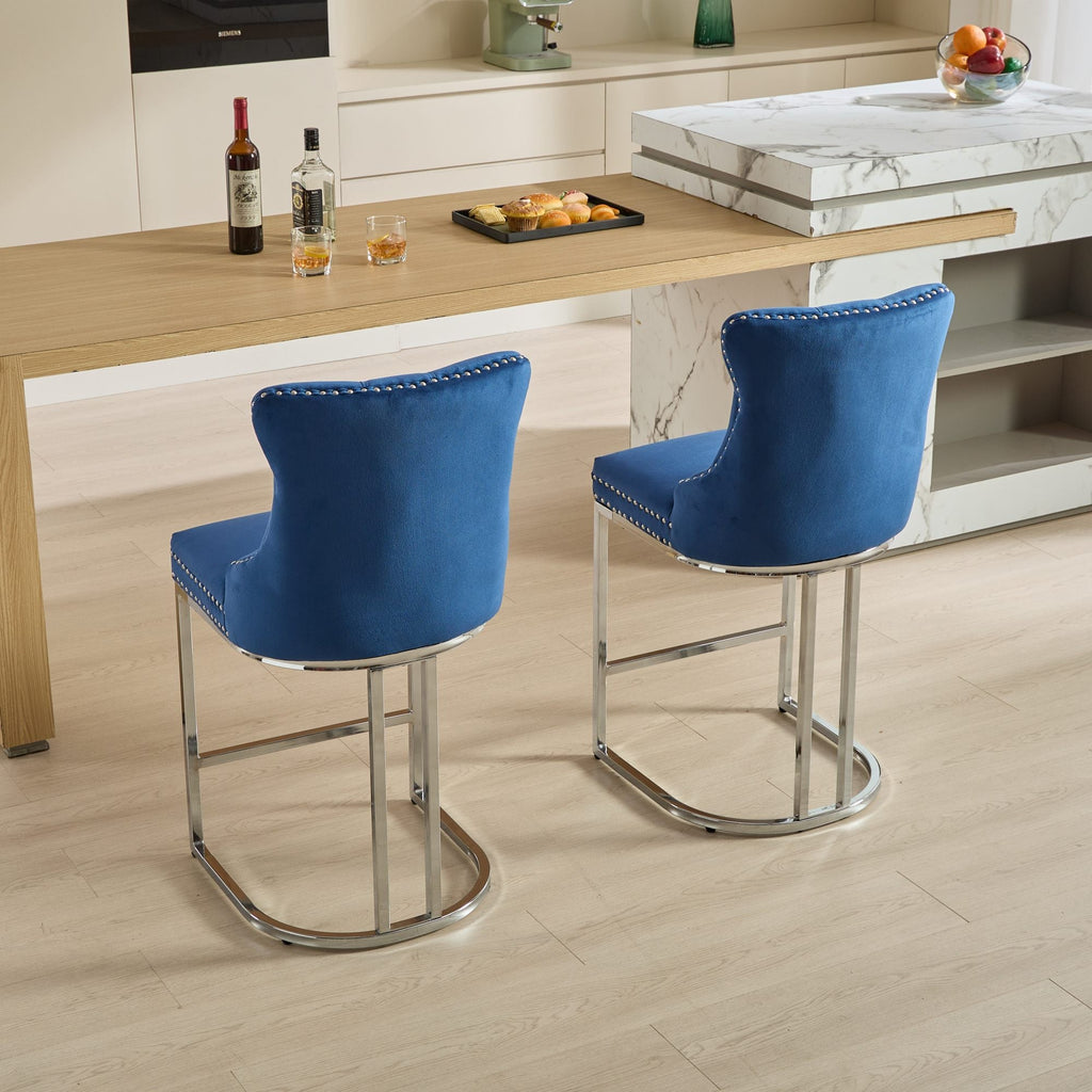 Luxury Elegant Nailhead Trim Tufted Velvet Bar Stools (Set of 2)