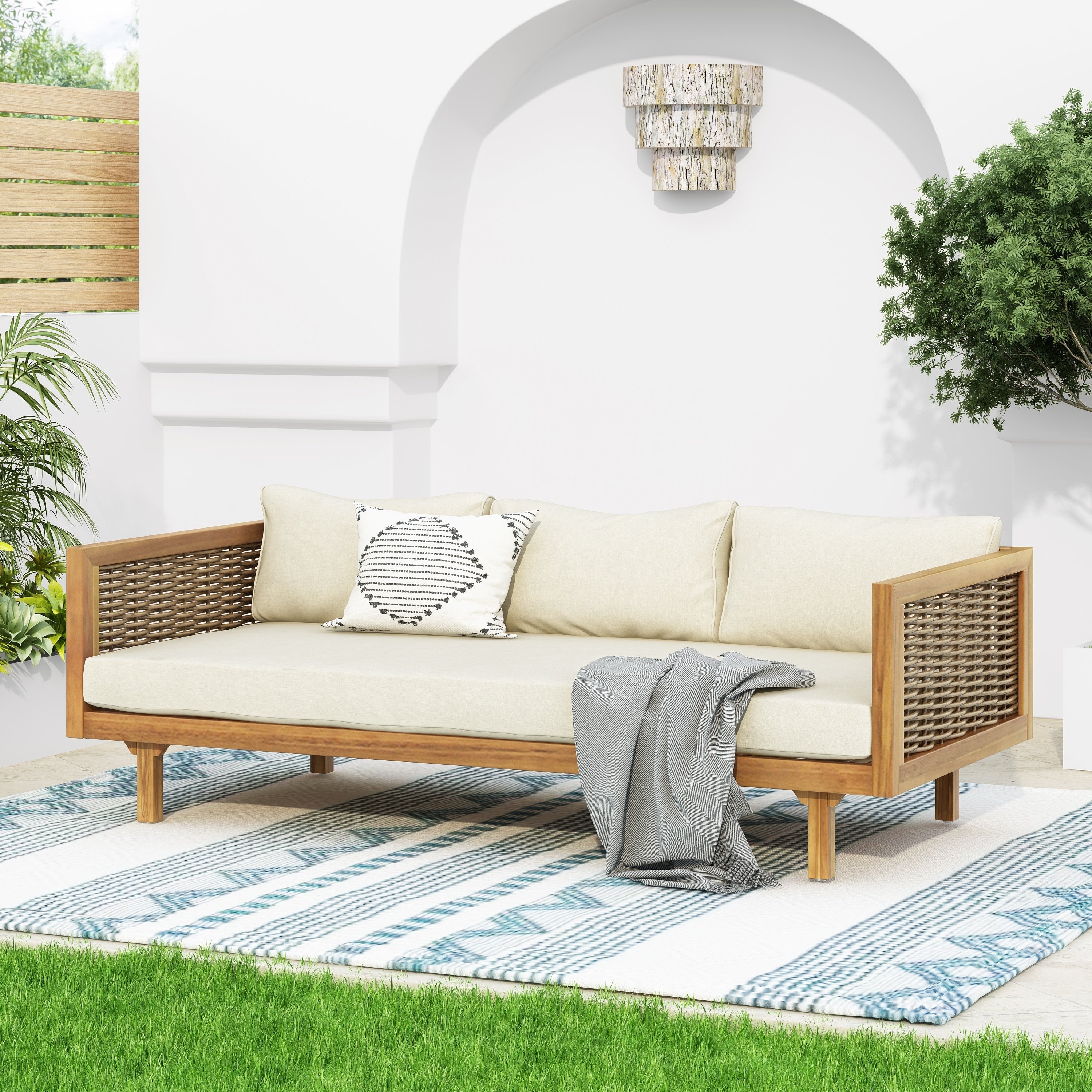 3 Seater Acacia Wood Daybed with Rattan Arms Beige Cushion