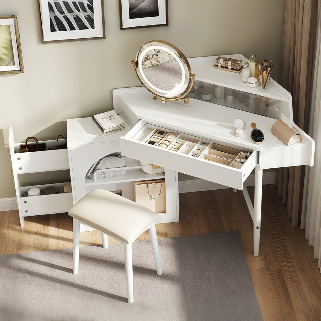 Modern Corner Vanity Set with Mirror and Stool