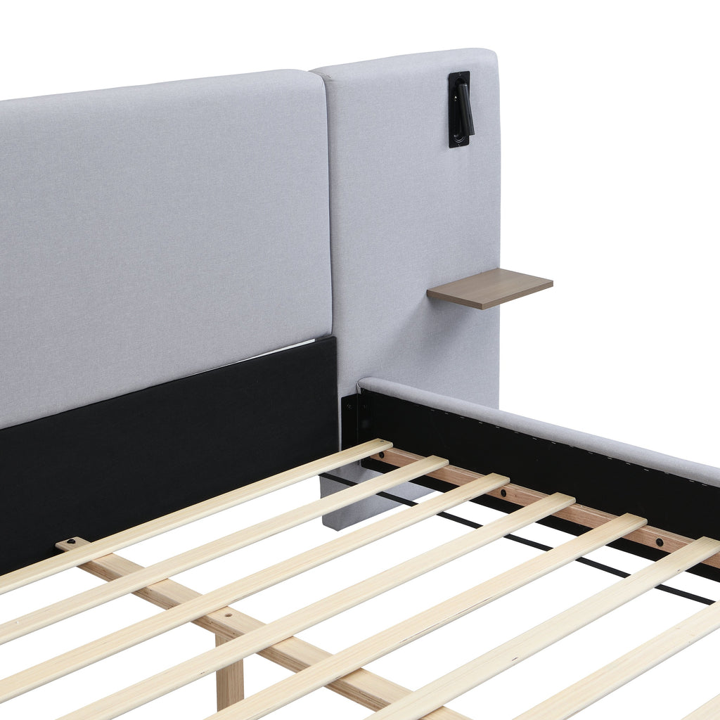 Chic Linen Upholstered Bed with Integrated Lights and Shelves