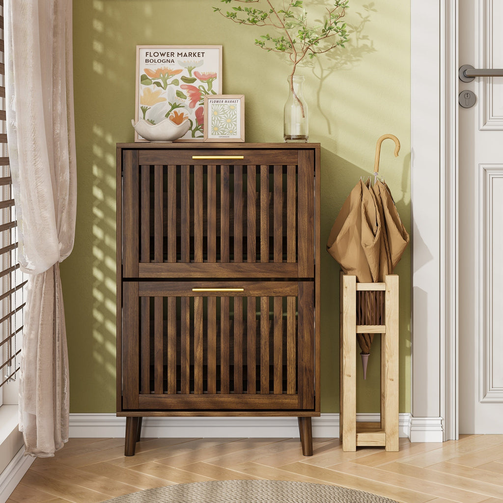 Medieval Modern Walnut Shoe Cabinet with 2 Flip Drawers