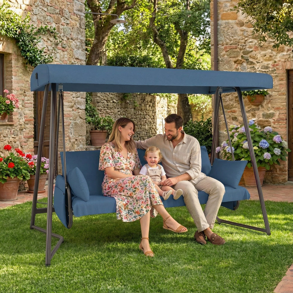 Outdoor Hanging Swing Bed 3-in-1 3-Seater Adjustable Canopy Waterproof Blue