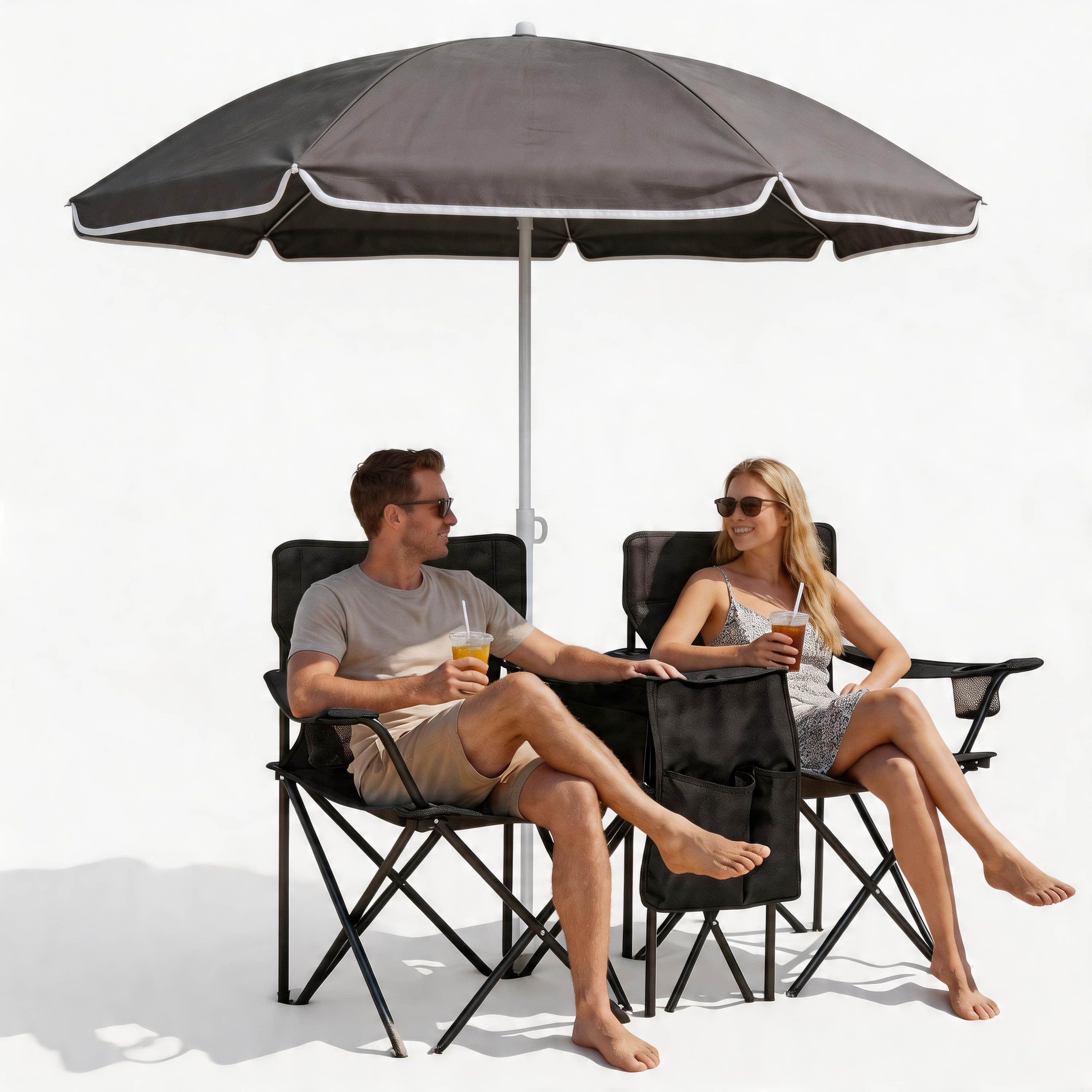 Portable Double Folding Beach Chair Set with Umbrella 2 Person Camping