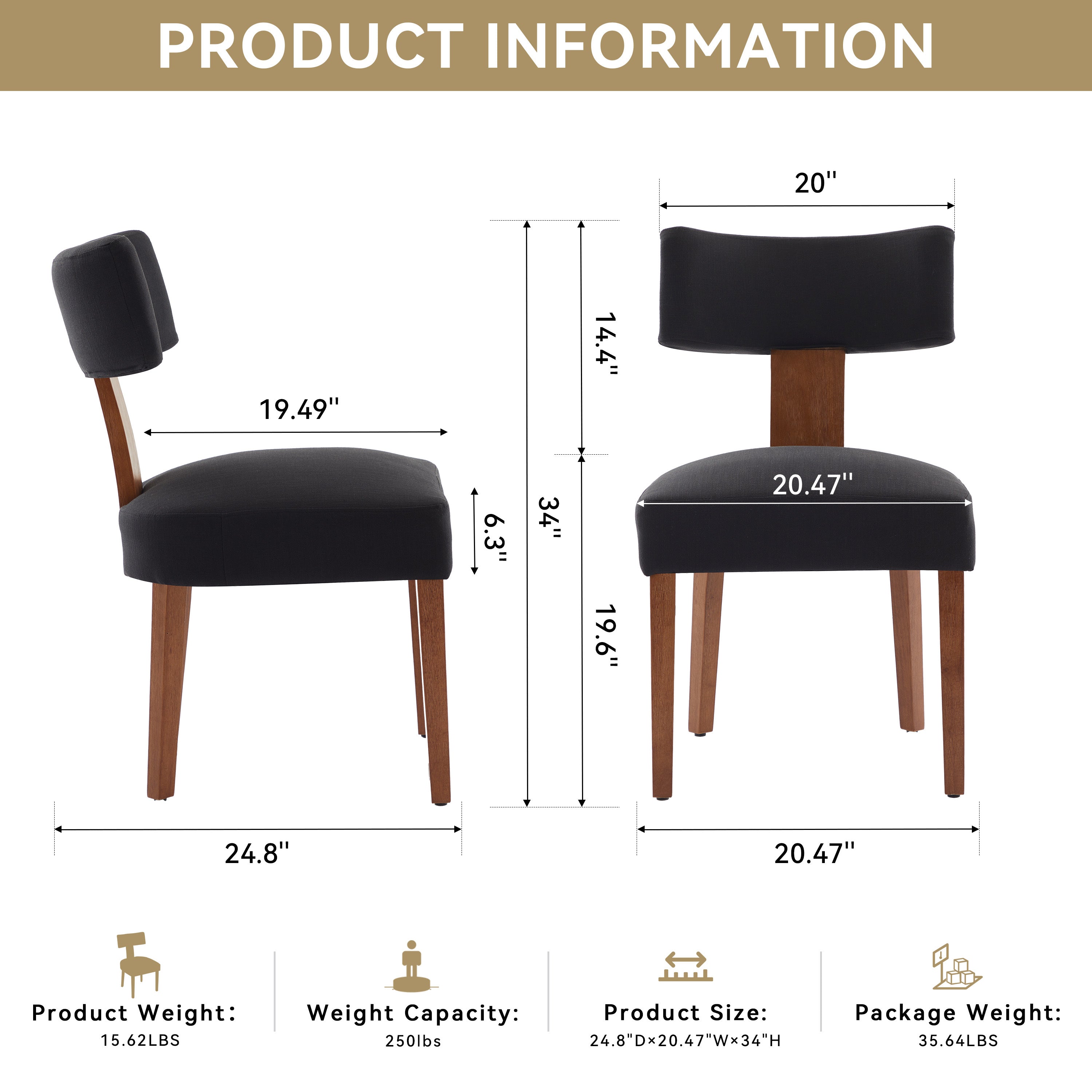 2Pcs  Modern Armless Dining Chairs With Curved Wingback and Solid Wooden Legs