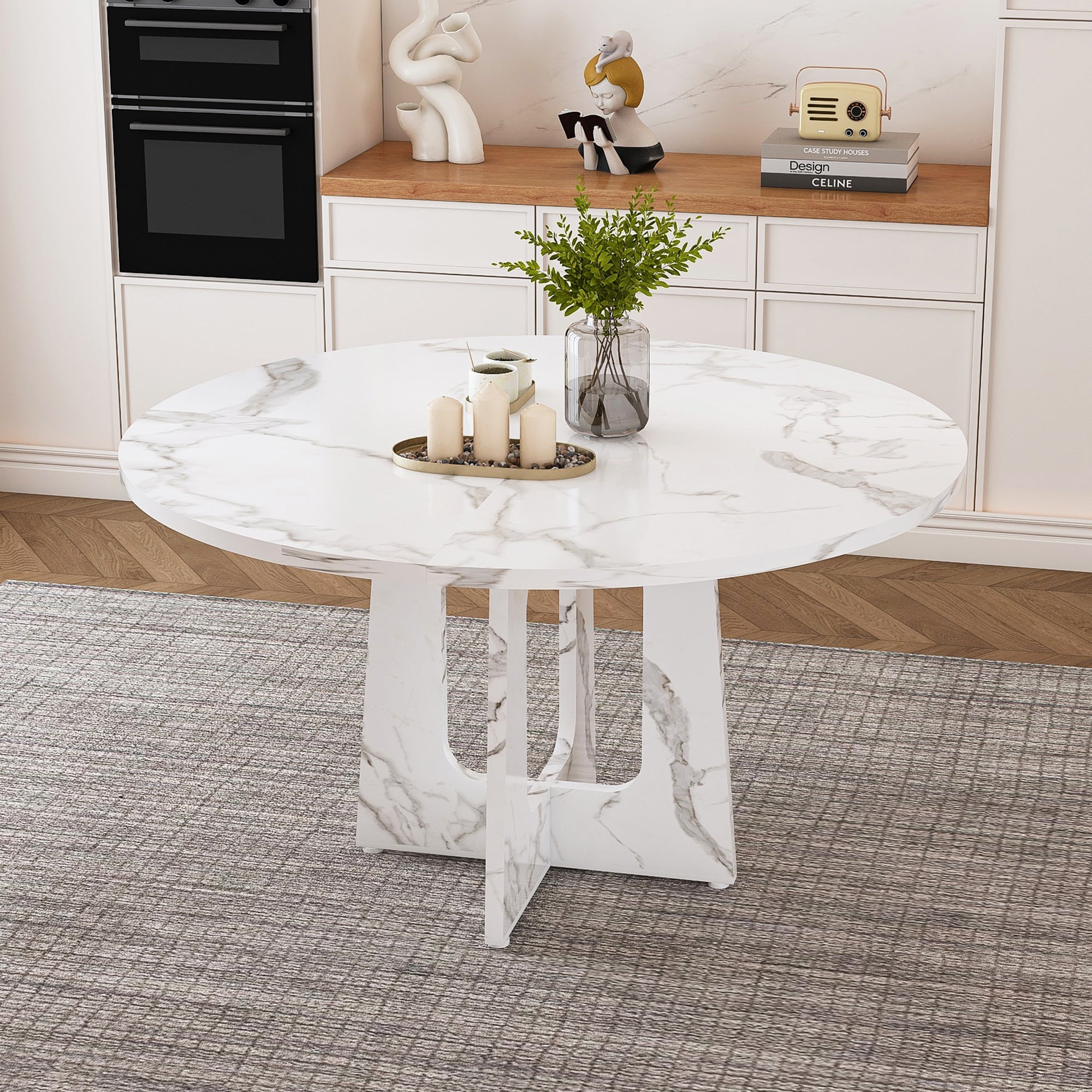 Modern 47.24' Round Dining Table with Marble White Finish