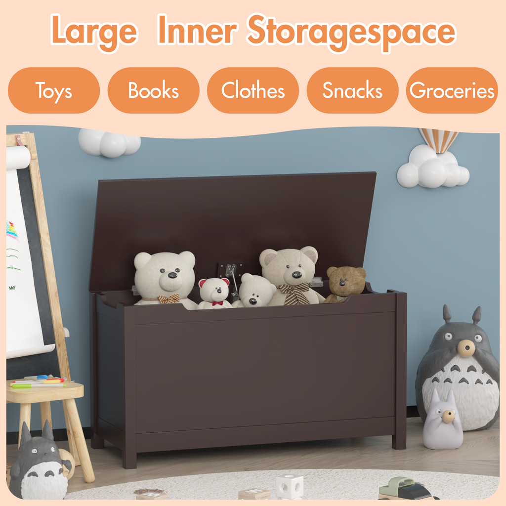Kids Wooden Toy Box Storage with Safety Hinged Lid for Ages 2+
