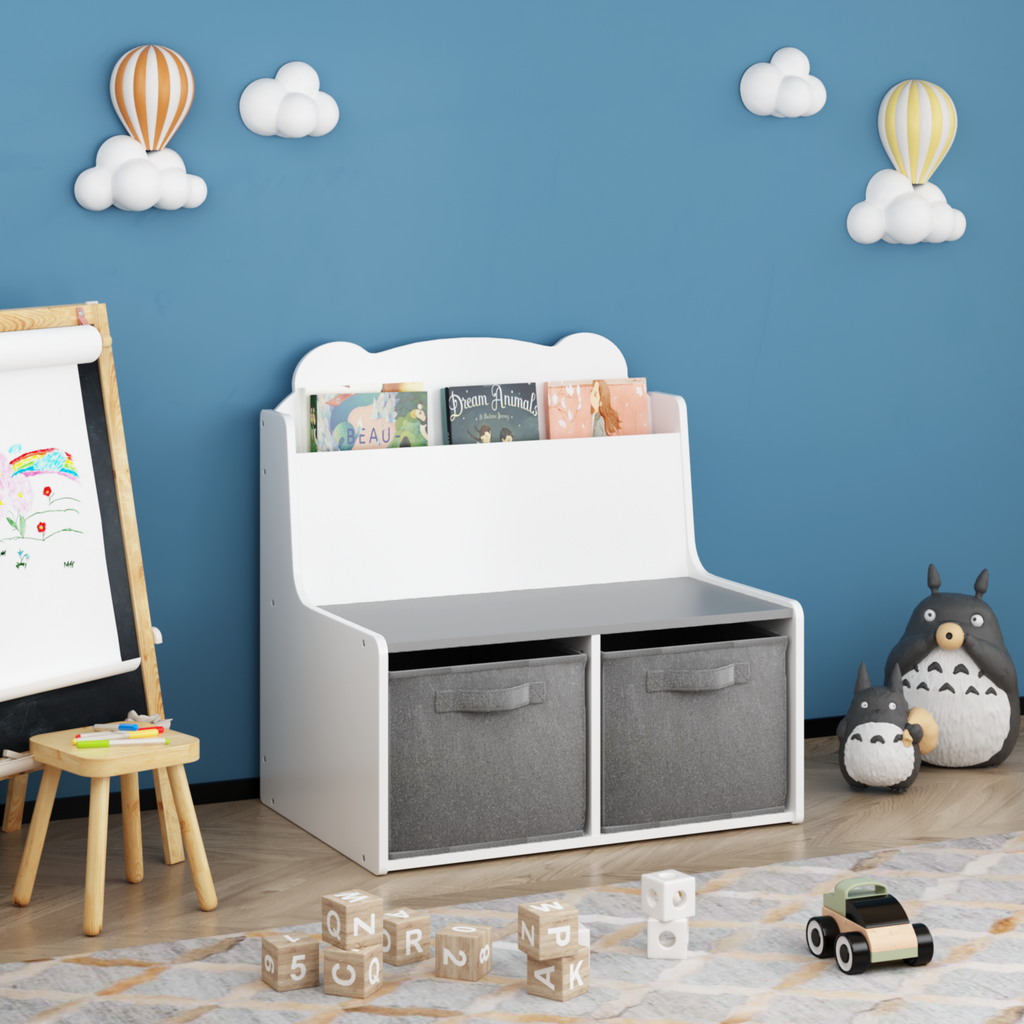 Kids Bookshelf with Storage Bins Wooden Bookcase