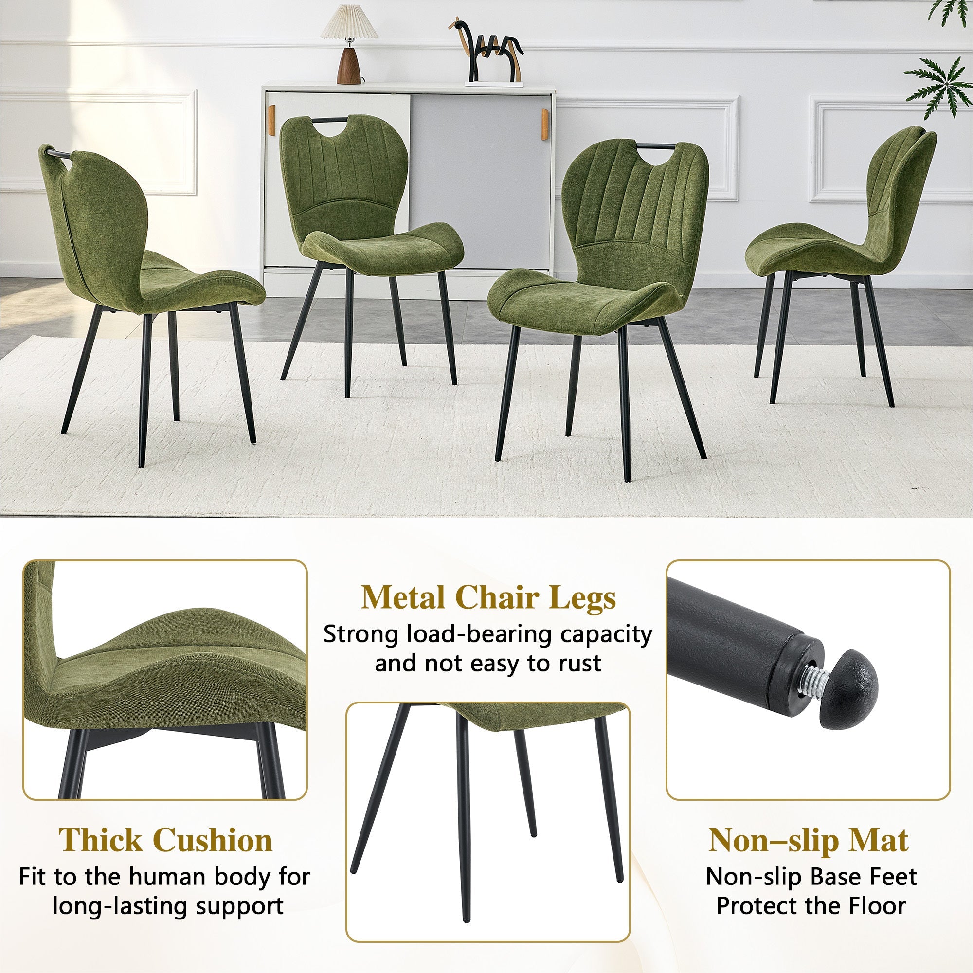 Set of 4 Fabric Dining Chairs Black Metal Frame Wide Cushioned Comfortable