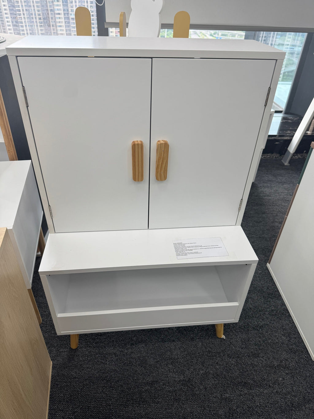 White Modern Wooden Toy Storage Cabinet with Natural Wood Legs