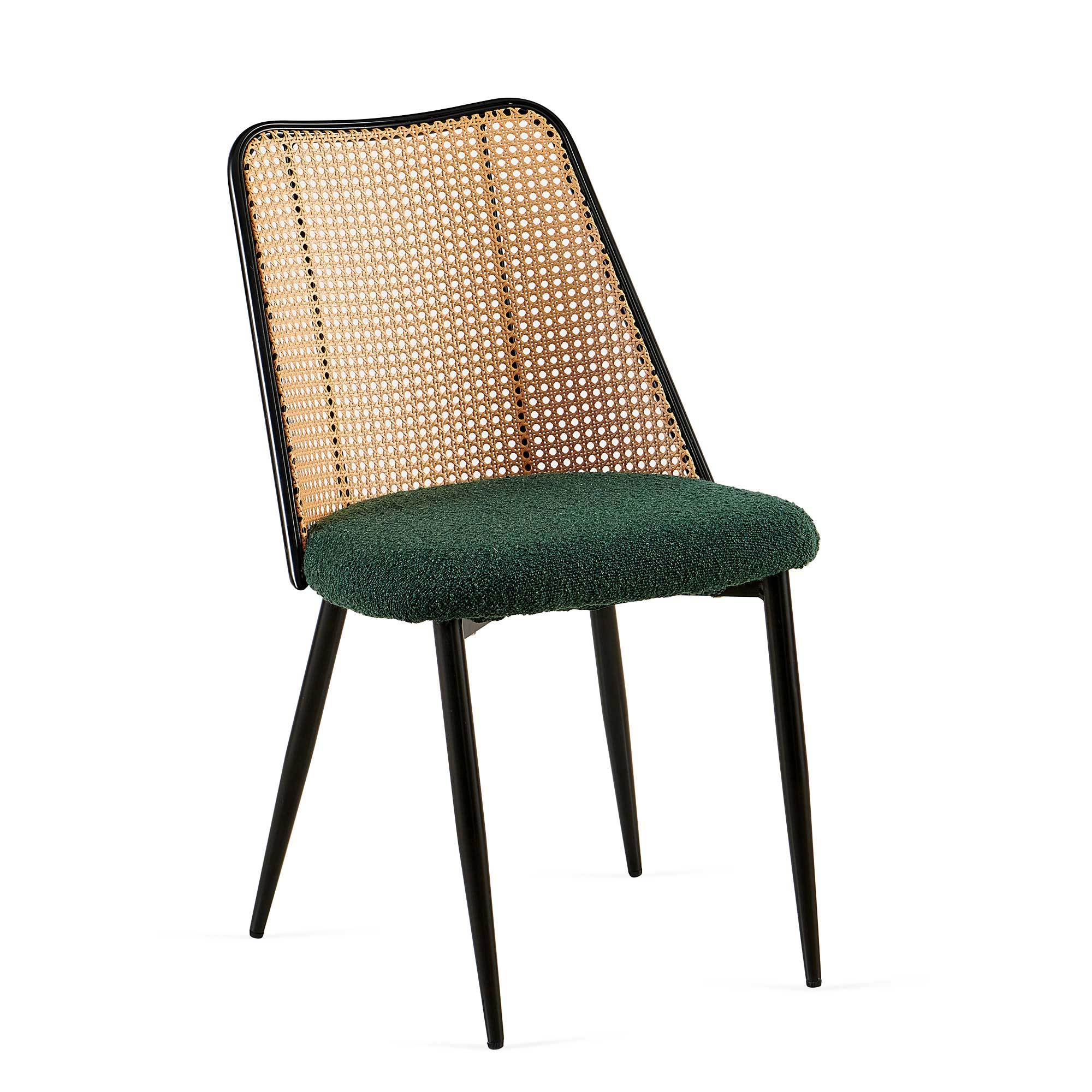 Green Rattan Boucle Dining Chairs with Natural Cane Back (Set of 2)