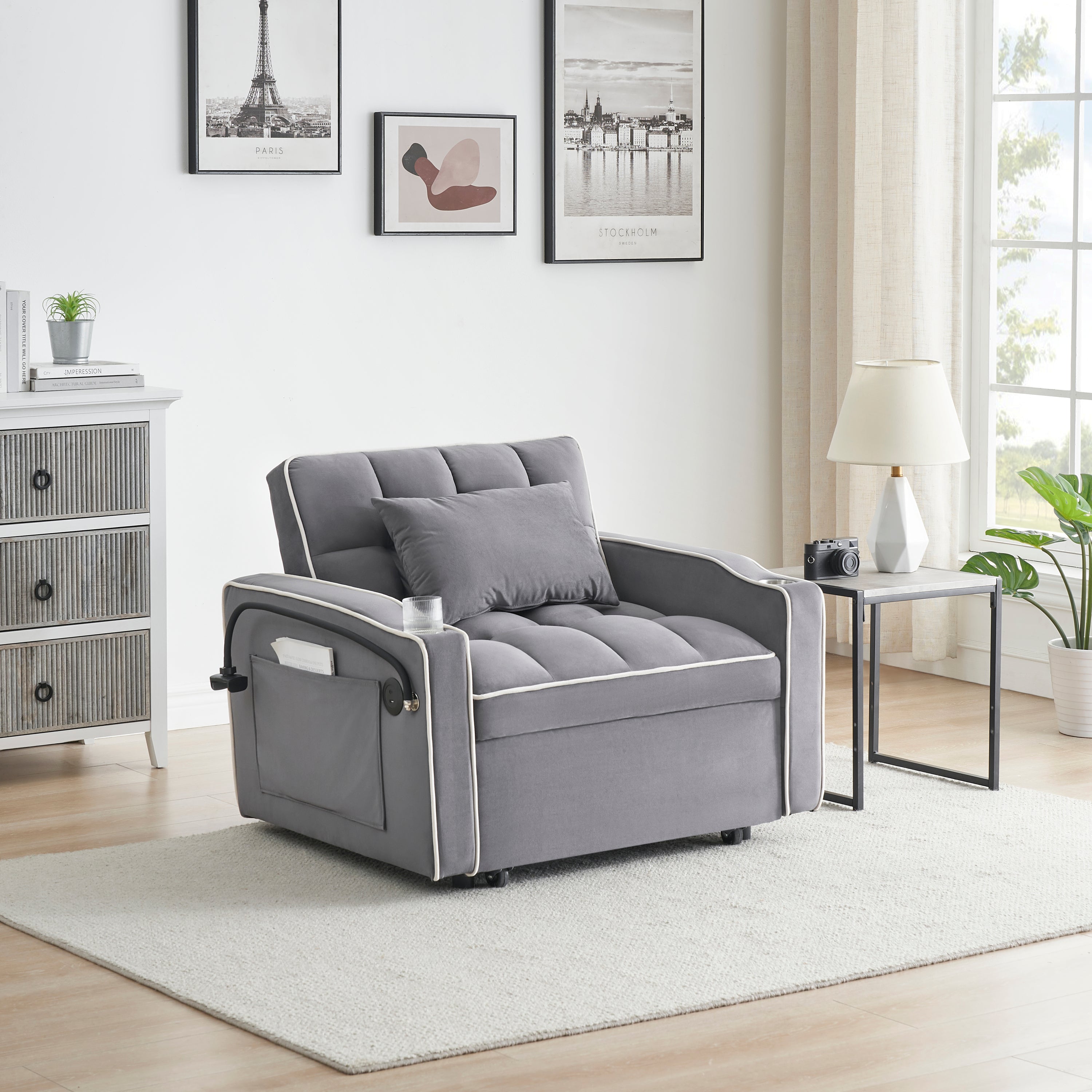 Velvet Foldable Sofa Bed Adjustable Back with USB, Ashtray & Phone Stand