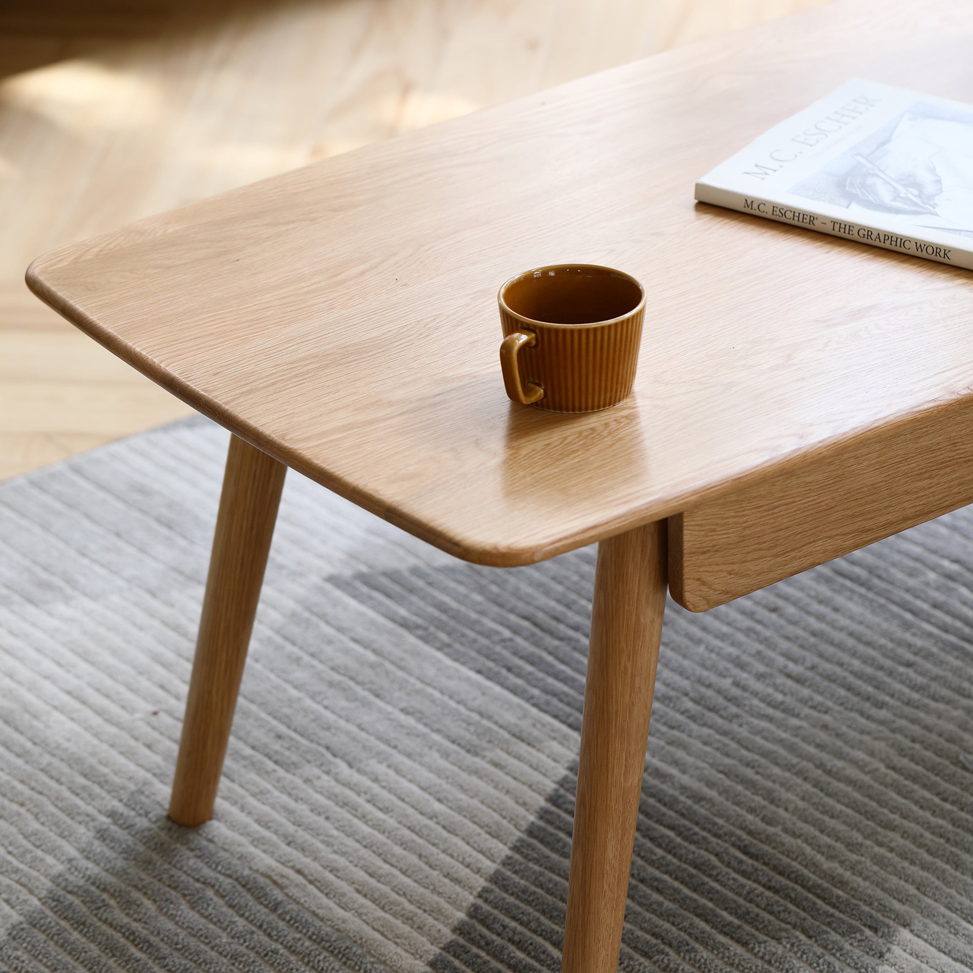 Low Table 100% Solid Wood 2-Drawer Natural Oak Coffee Table