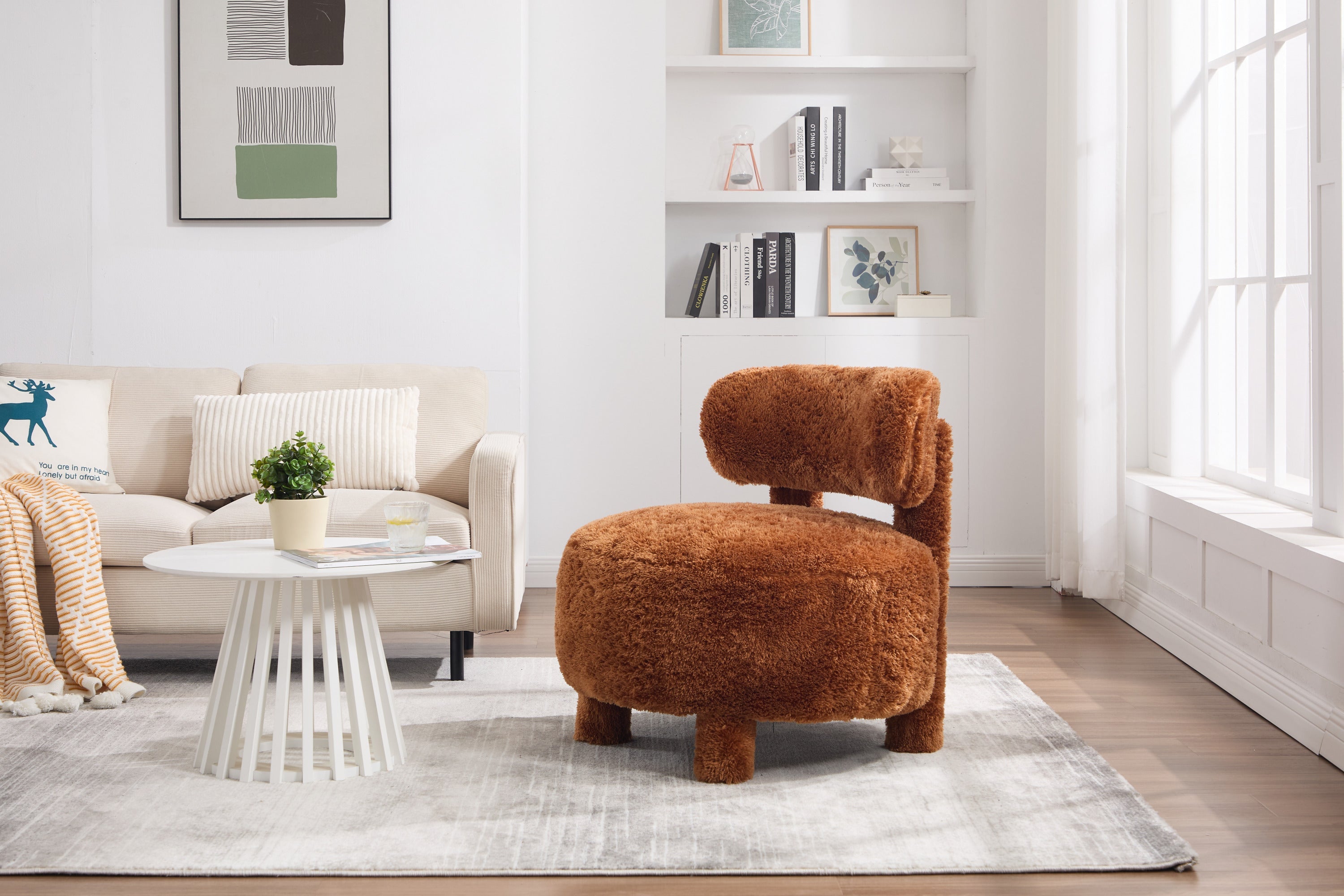Fur/Teddy Fabric Armless Accent Chair with Curved Backrest