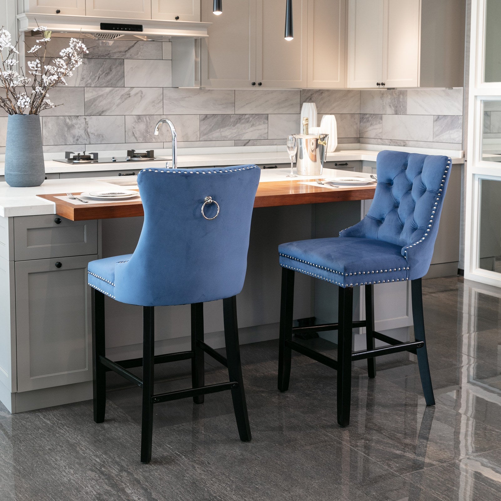 Contemporary Velvet Upholstered Barstools with Button Tufted Decoration (Set of 2)