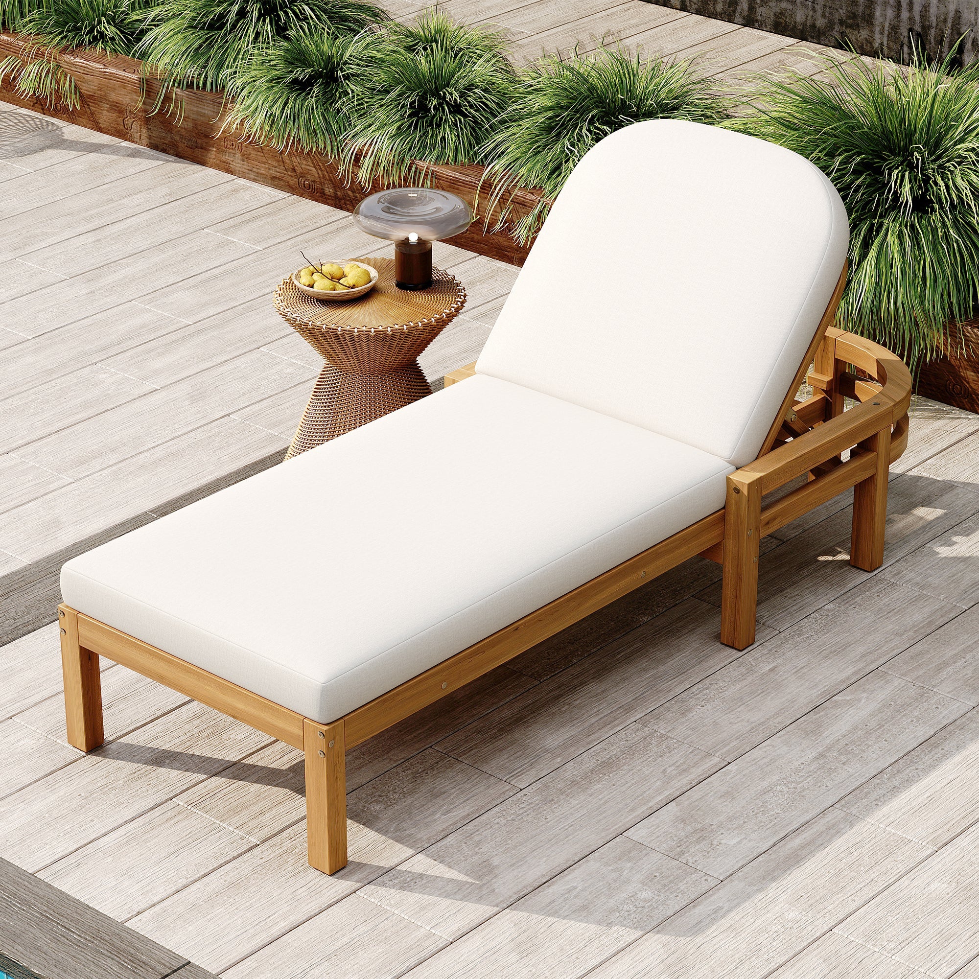 Acacia Wood Chaise Lounge Chairs 5-Position Adjustable Backrest for Patio Poolside