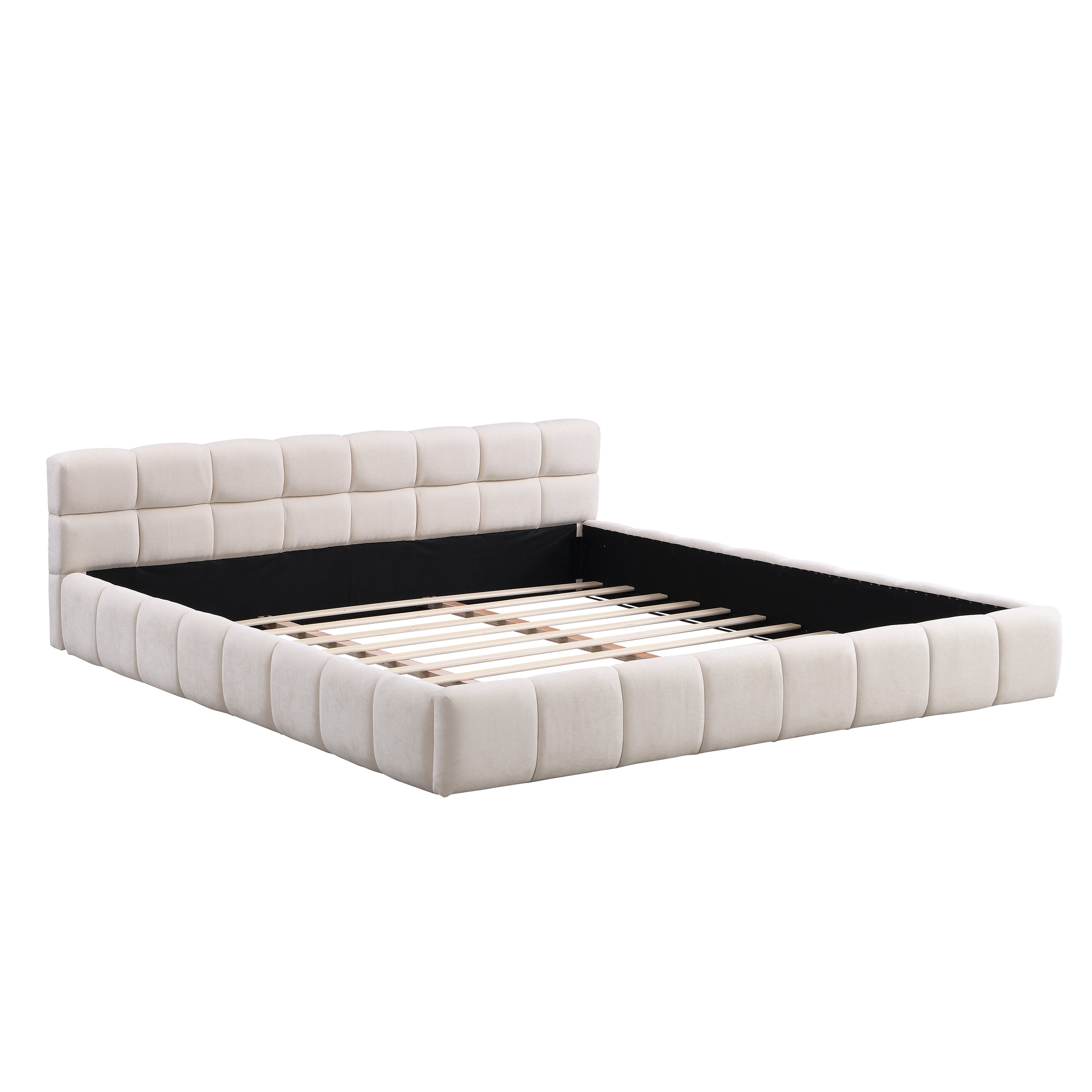 Elegant Beige Chenille Upholstered Bed with Checkerboard Design