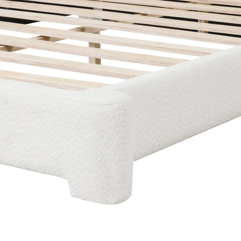 Cozy White Bouclé Upholstered Wood Bed