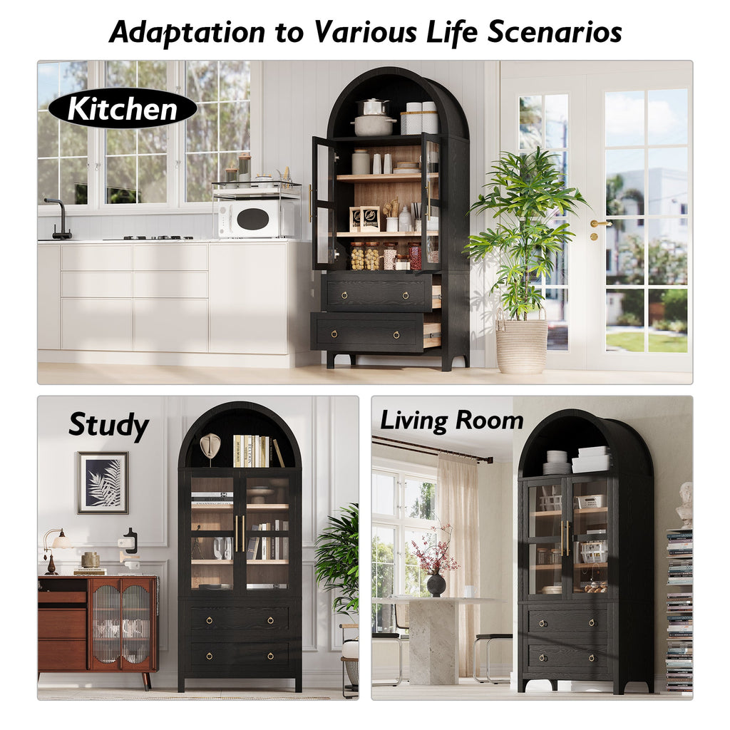 71” Tall Arched Modern Farmhouse Kitchen Pantry Cabinet with 2 Large Drawers