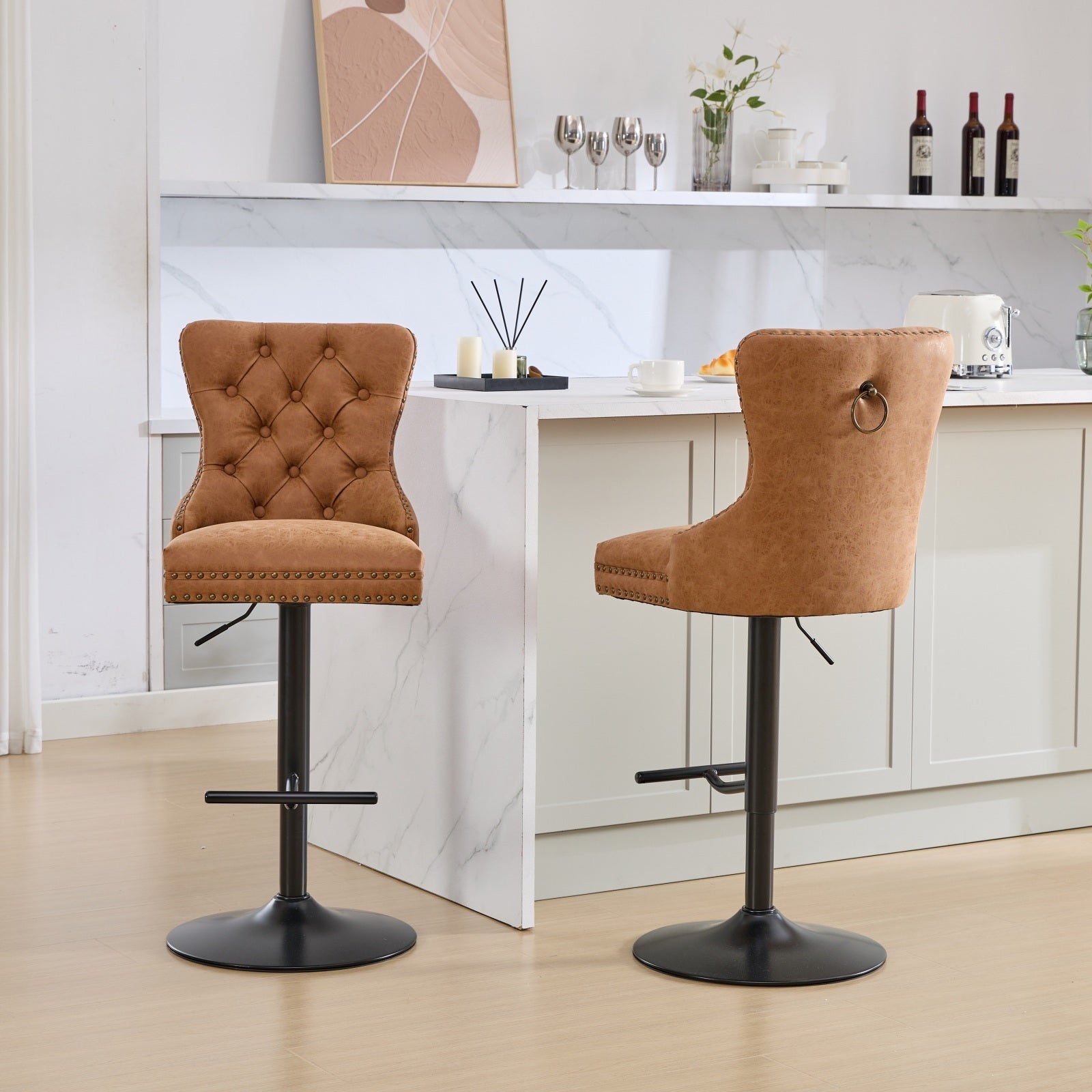 Aged and Retro PU Swivel Barstools Adjusatble Seat Height (Set of 2)