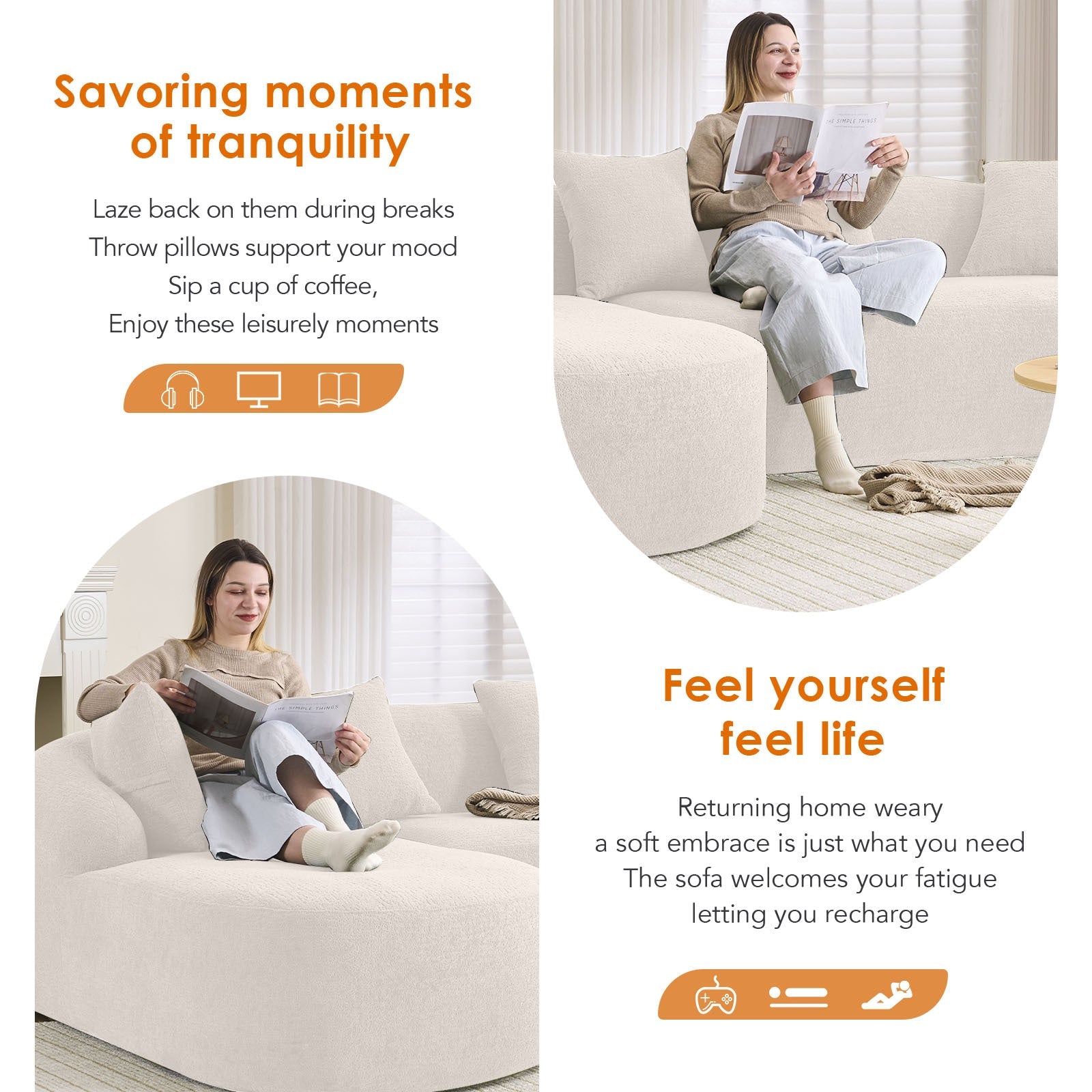 Boneless L-Shape Sectional Sofa with Curved Chaise