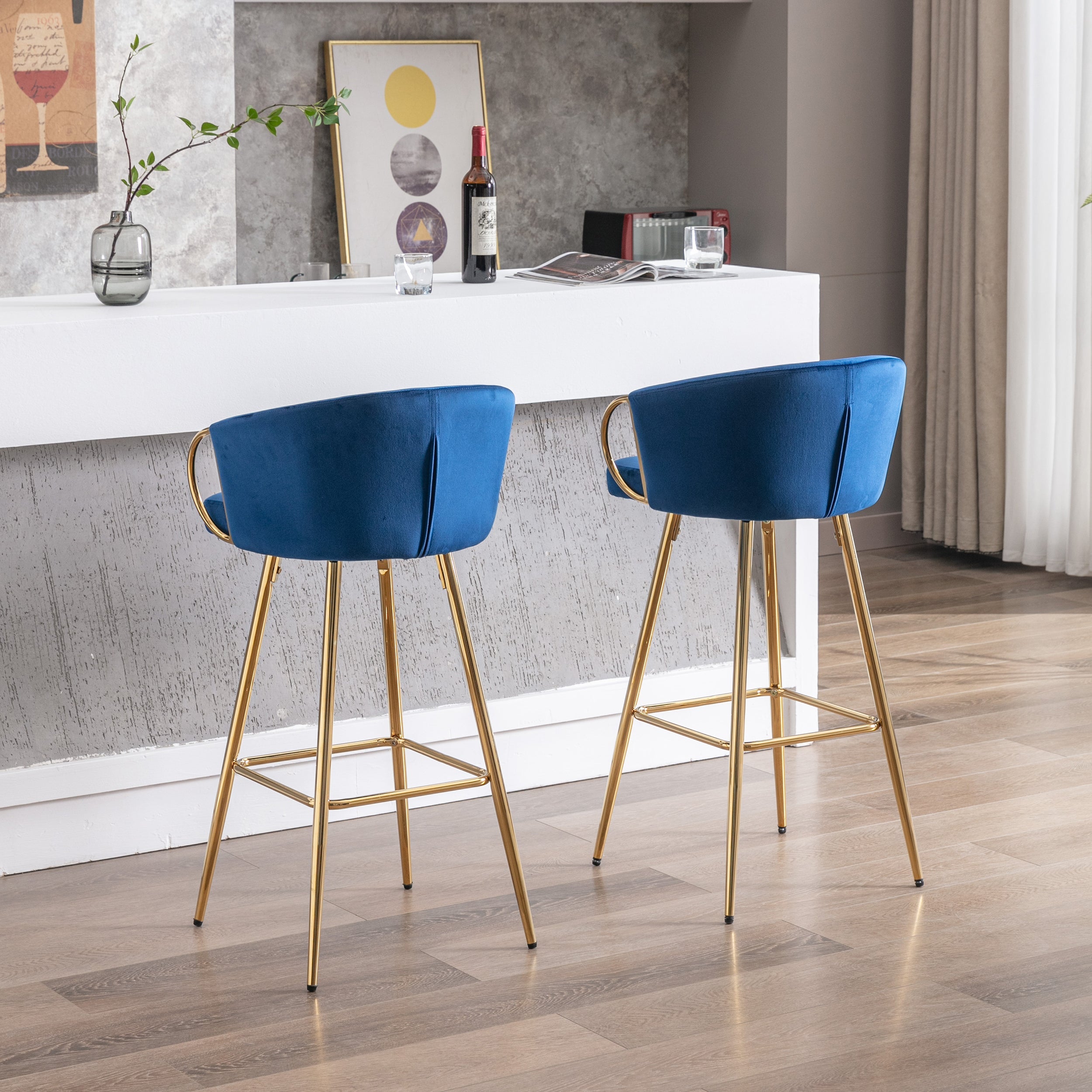 Velvet Bar Stools with Chrome Footrest and Base（Set of 2)