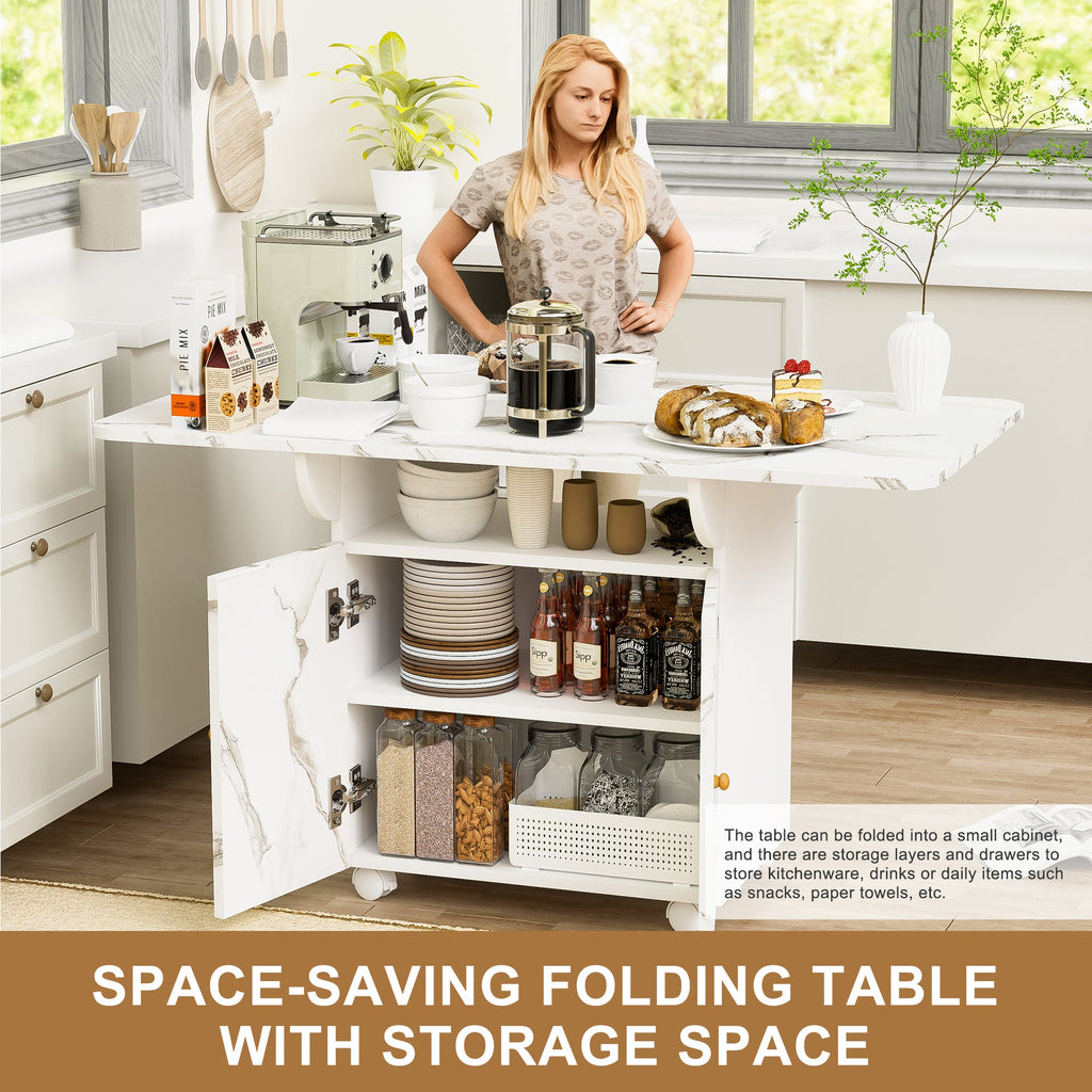 Versatile 47' White Marble MDF Folding Dining Table with Storage Rack and Cabinet