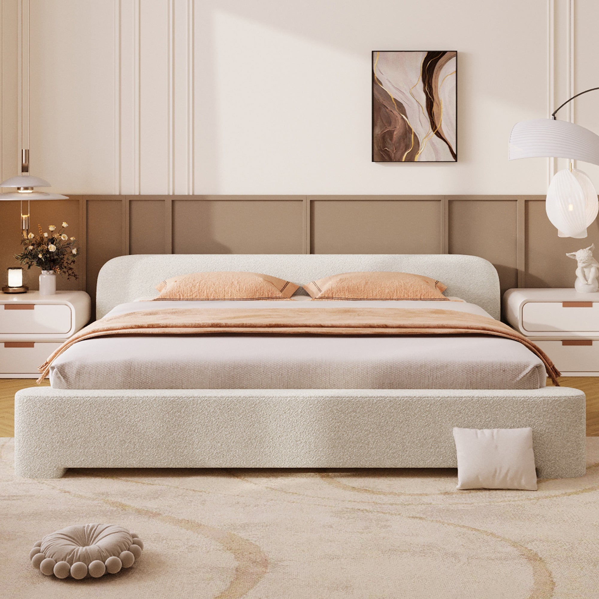 Cozy White Bouclé Upholstered Wood Bed
