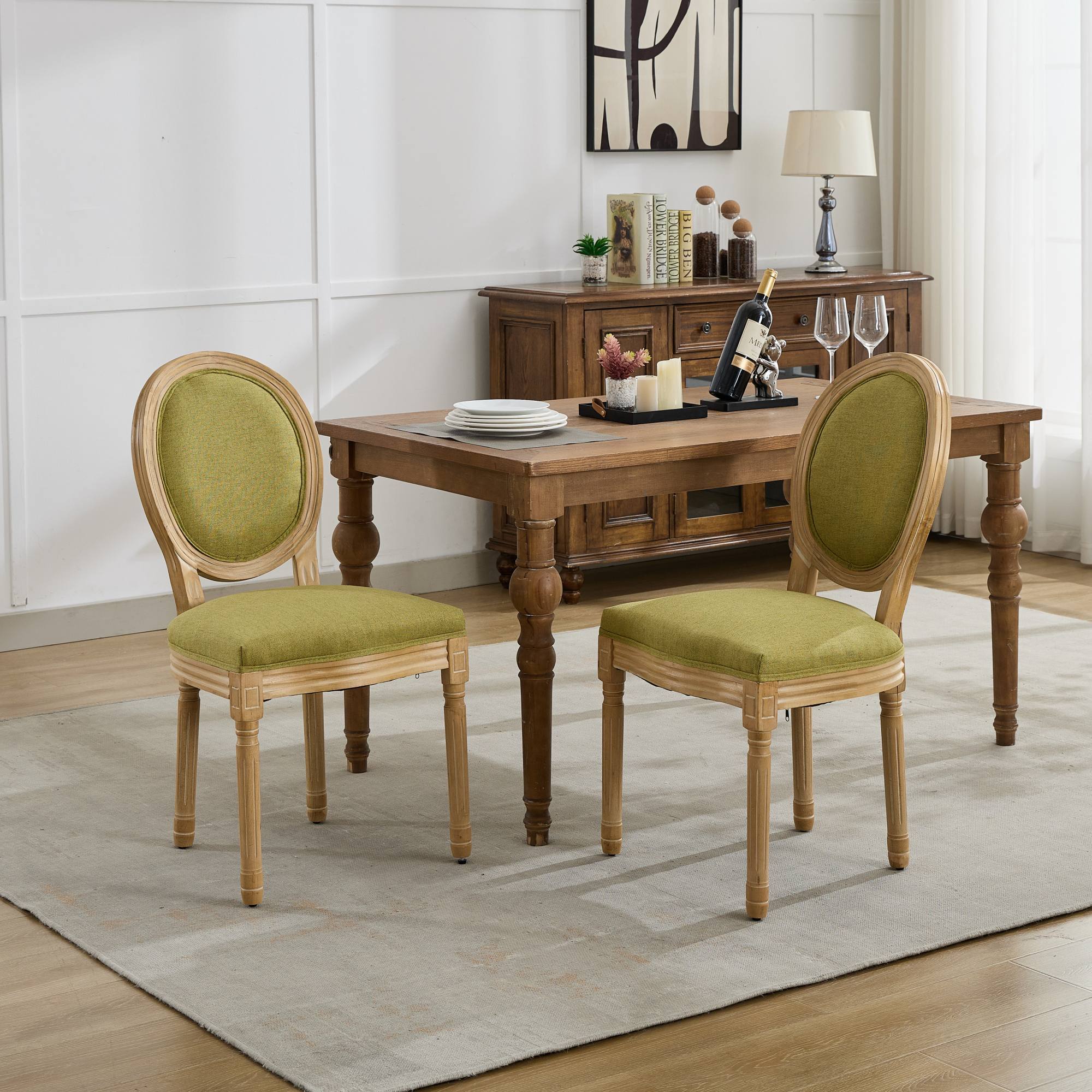 French Style Solid Wood Frame Linen Fabric Back Dining Chair (Set of 2)