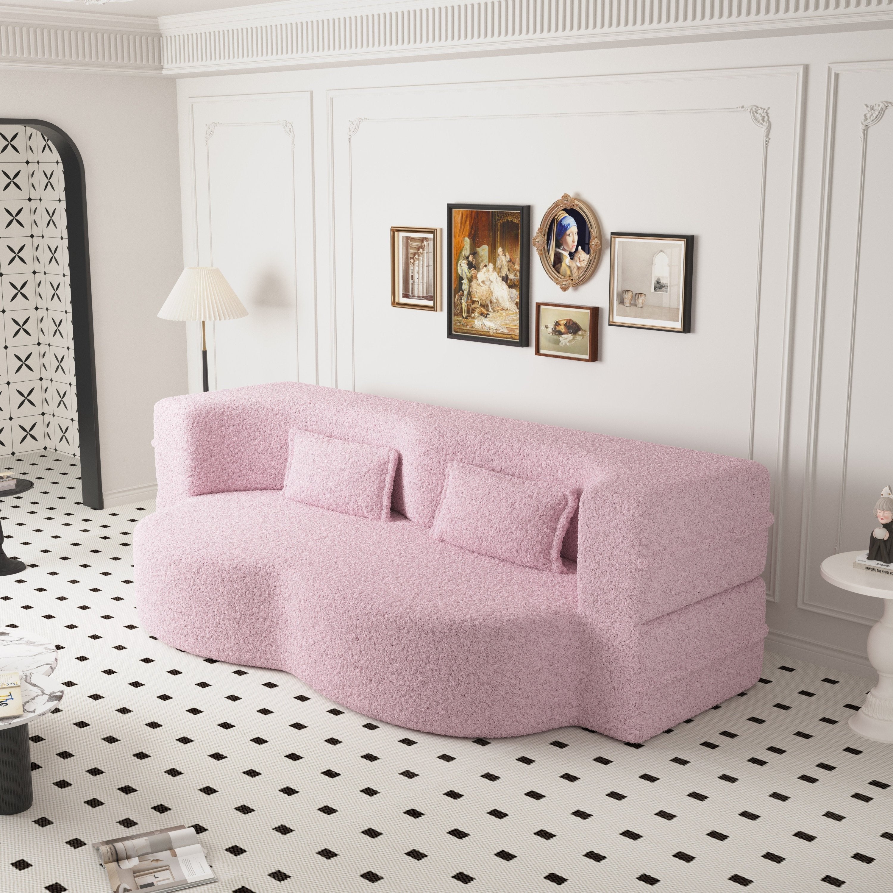 Modern Convertible Teddy Fabric Sofa with 2 Pillows