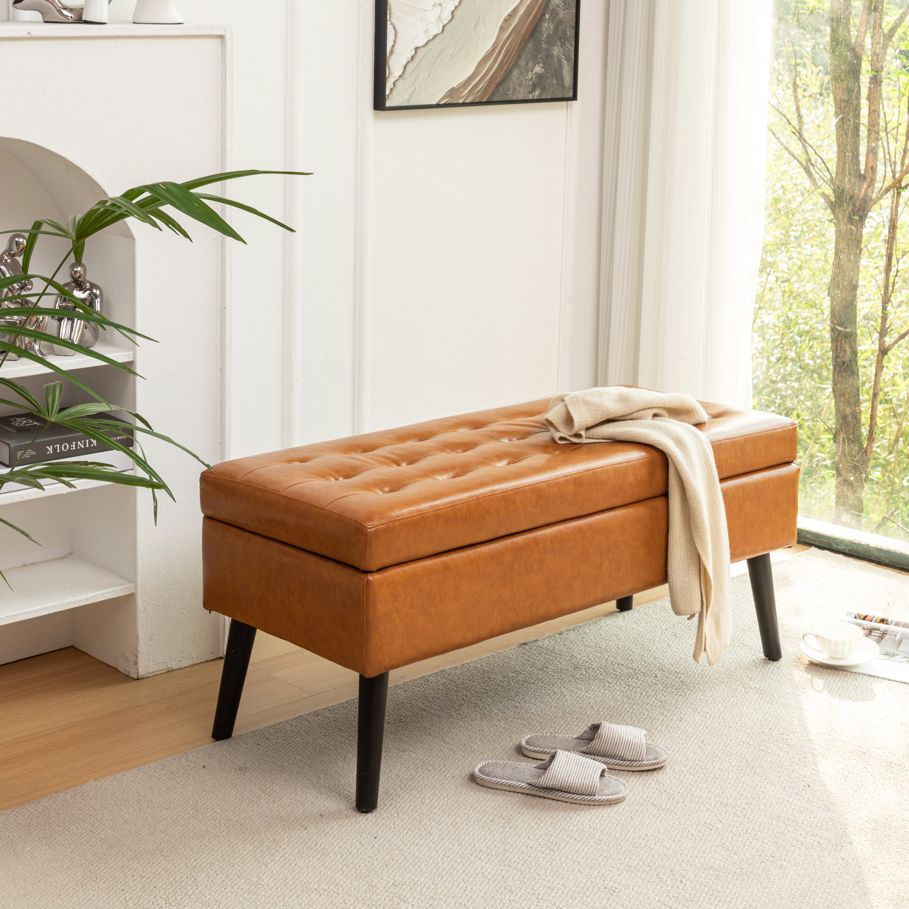 Brown PU Leather Storage Bench