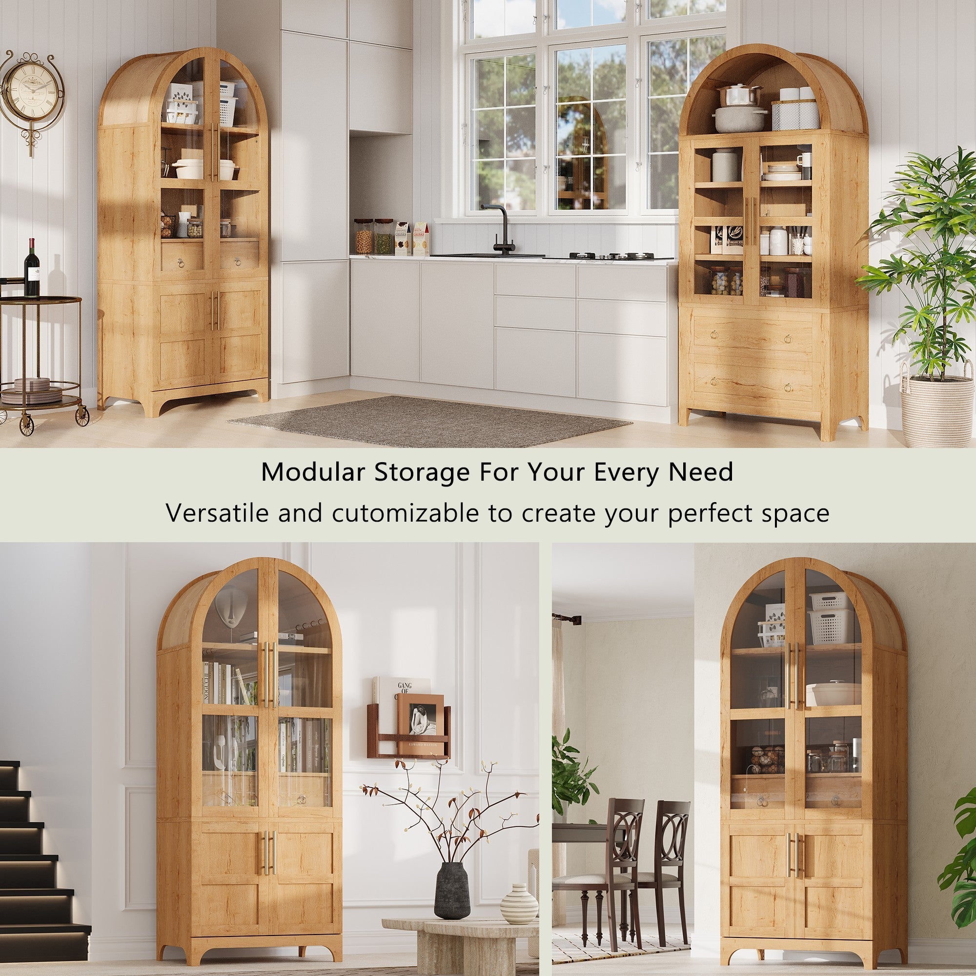 71" Tall Arched Farmhouse Kitchen Pantry Cabinet with Door Shelves