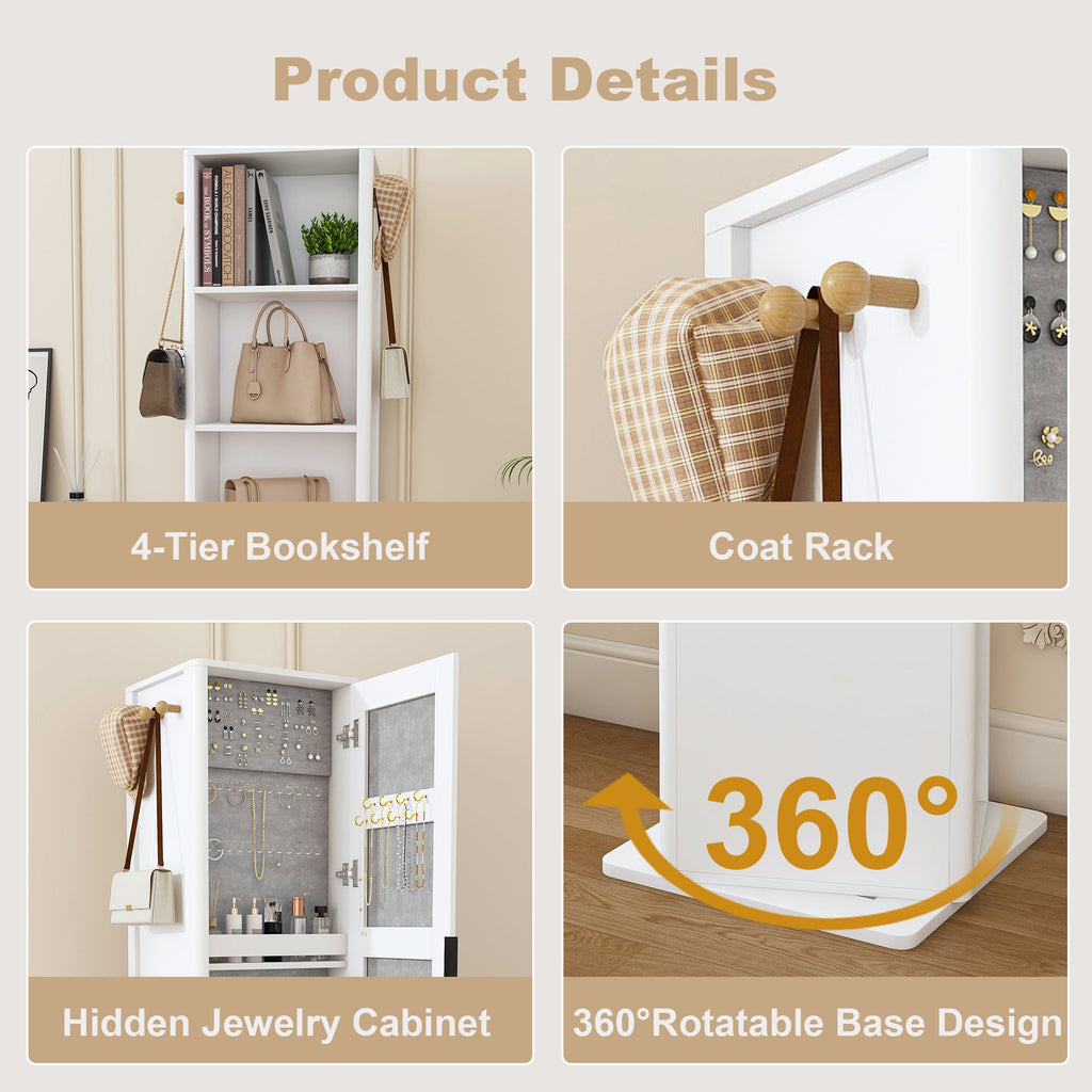 360° Rotating Makeup Cabinet with Full-Length Mirror and Jewelry Storage