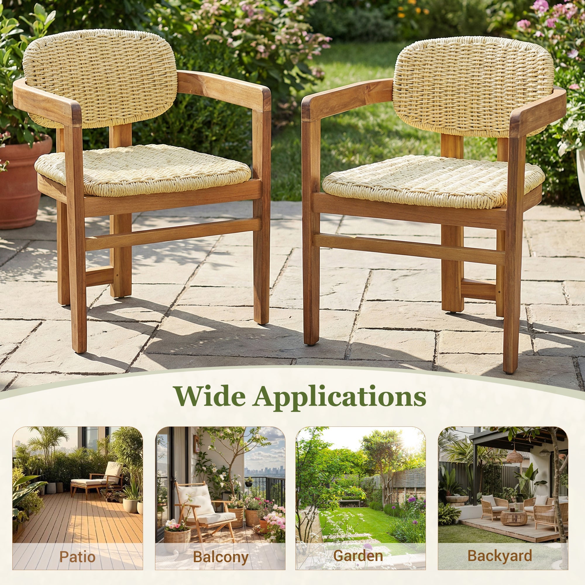 2-seat Woven Outdoor Chairs, Comfy Patio Seating with Elegant Teak Finish