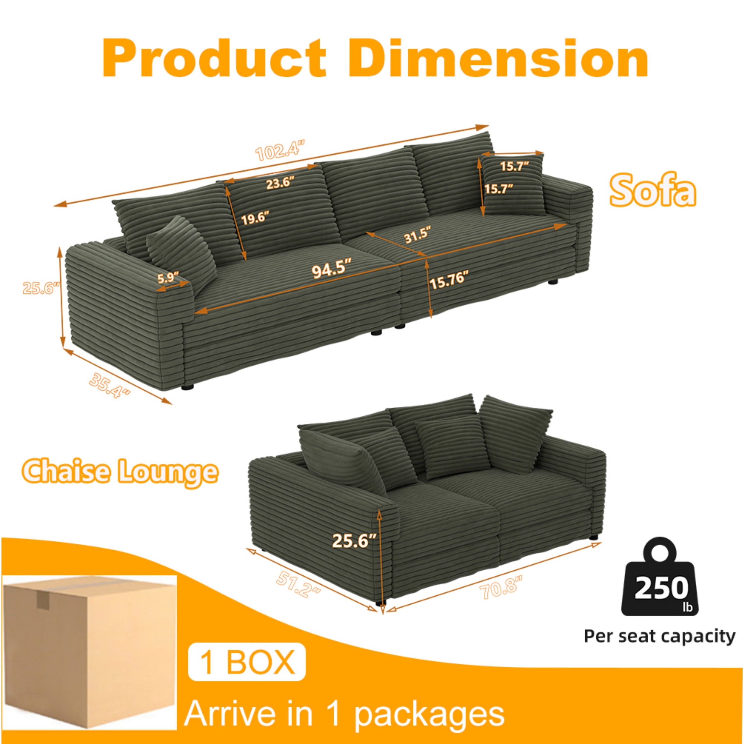 Modern 4 Seat Comfy Upholstered Sofa + Ottoman Option