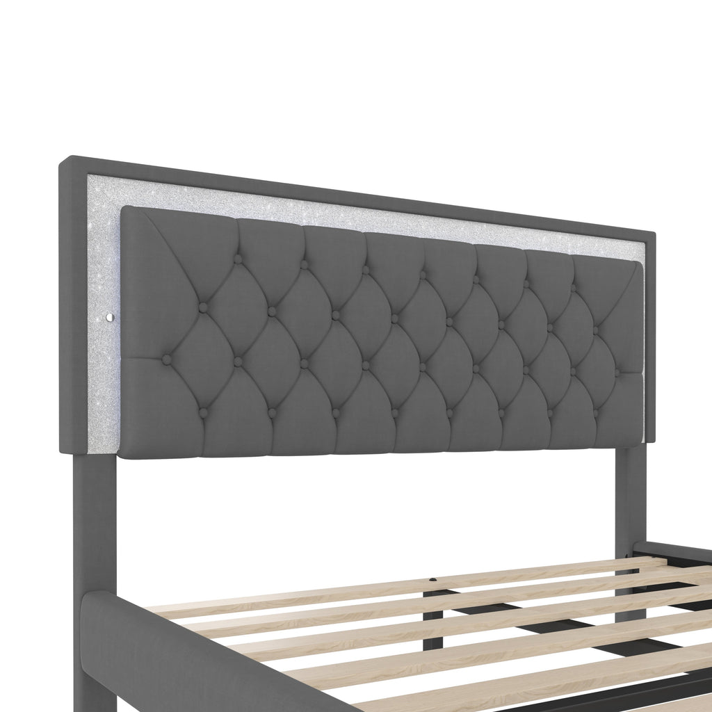 Queen Size Upholstered Bed Frame with LED Lights